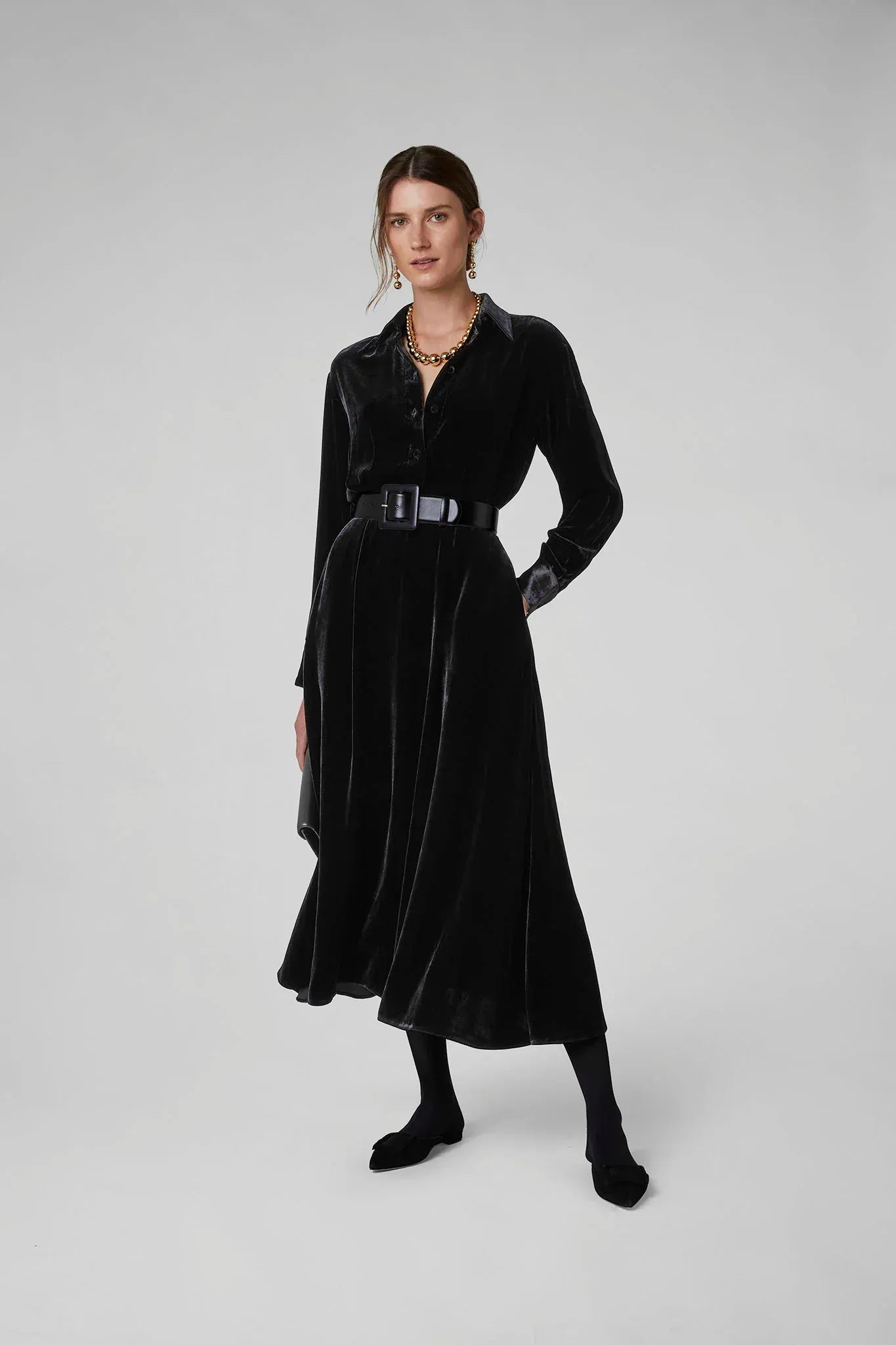Eve Velvet Full Skirt Shirt Dress in Black