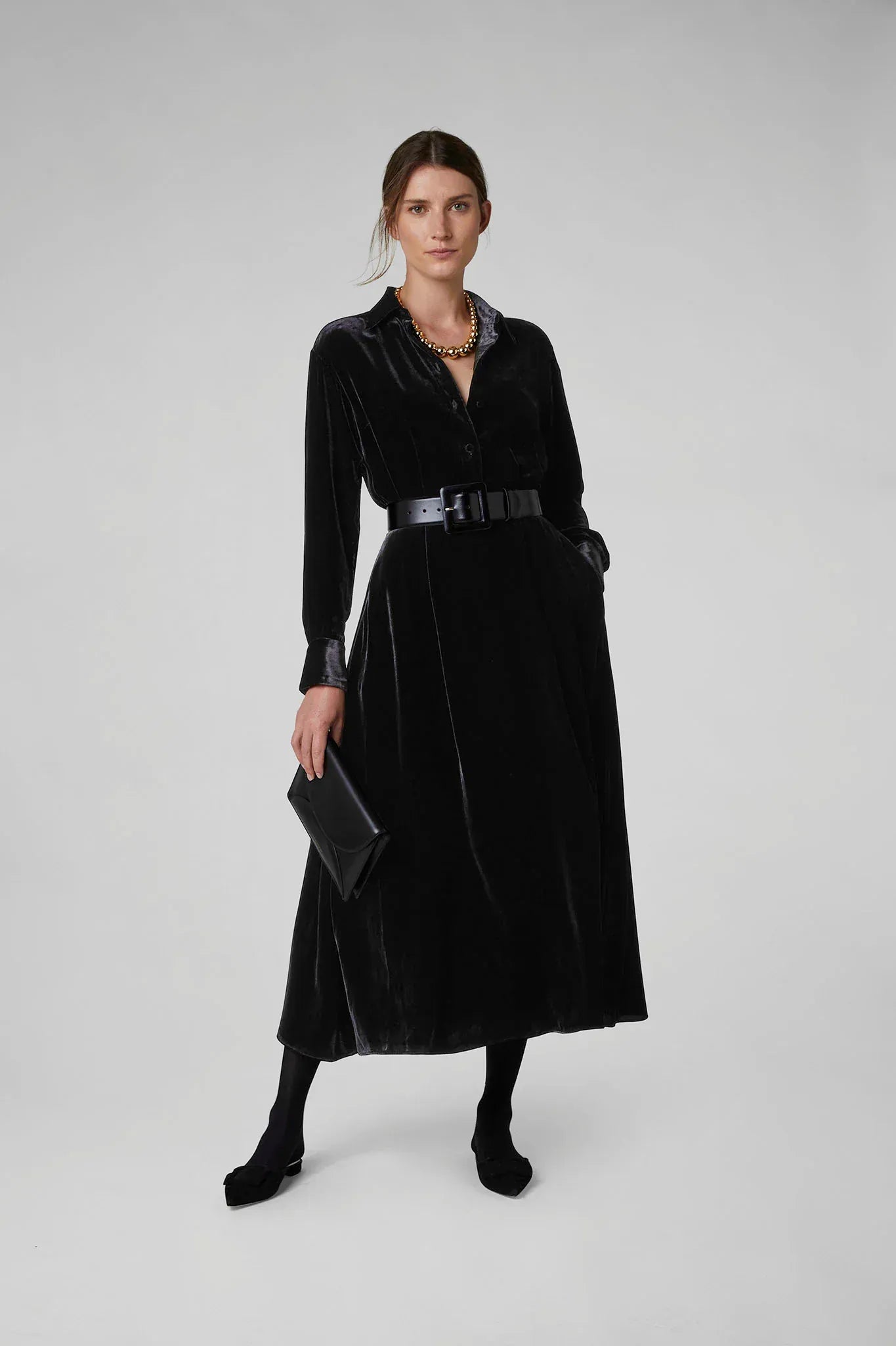 Eve Velvet Full Skirt Shirt Dress in Black