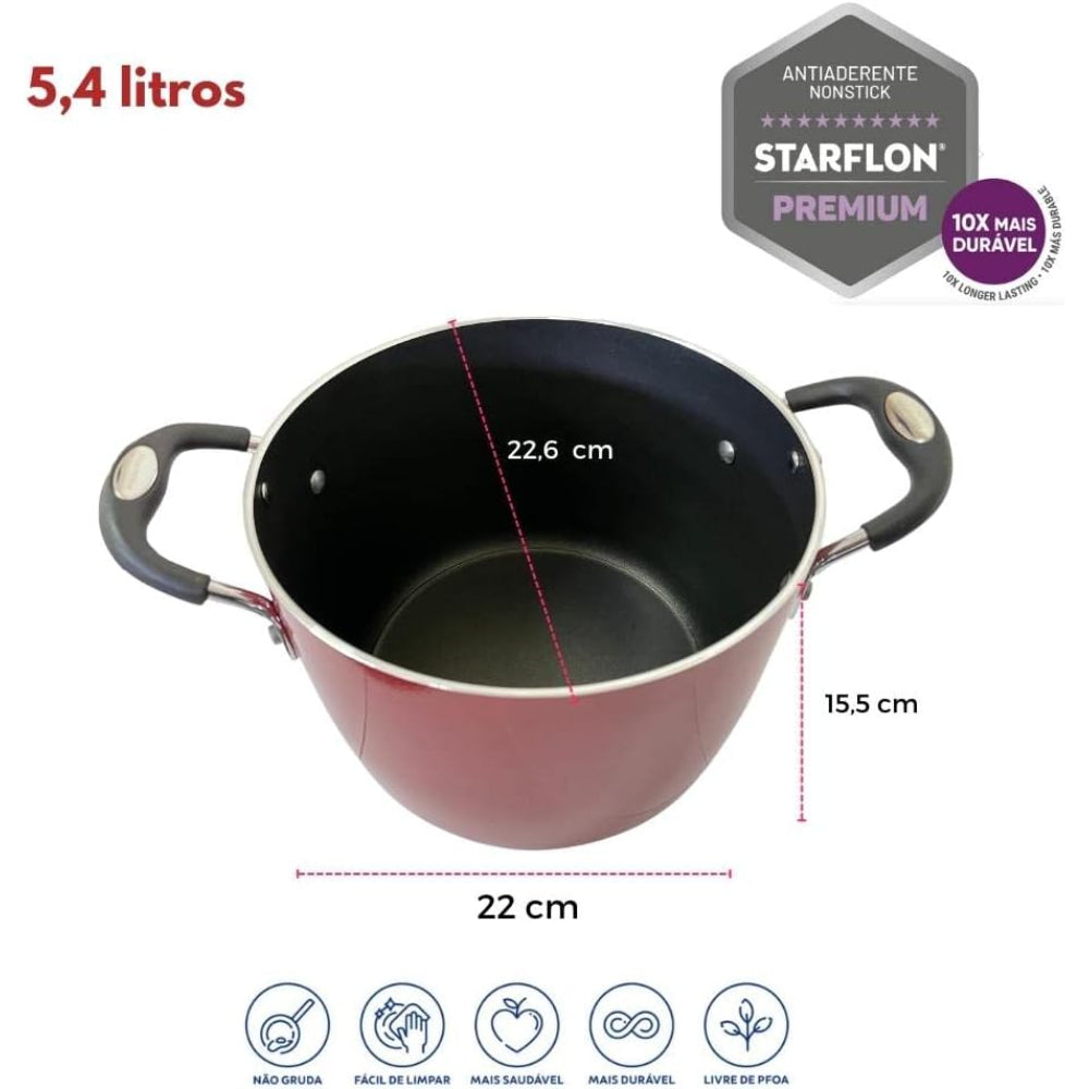 طباخ معكرونة ترامونتينا برازيل موناكو 22 سم 5.4 لتر من الألومنيوم مع طلاء ستارفلون ممتاز داخلي غير لاصق خالٍ من حمض بيرفلورو الأوكتانويك وطلاء سيليكون أحمر خارجي