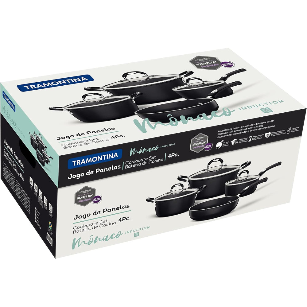 طقم أواني طهي ترامونتينا برازيل موناكو إندكشن من 7 قطع من الألومنيوم الأسود مع طلاء ستارفلون بريميوم غير لاصق خالٍ من حمض بيرفلورو الأوكتانويك (PFOA) من الداخل والخارج