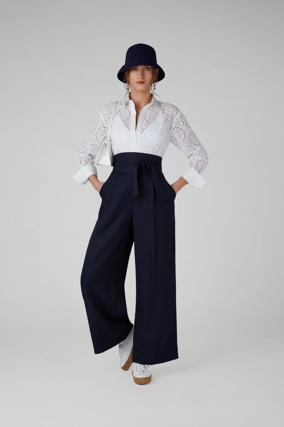 Hannah Wide Leg Linen Blend Trouser in Navy