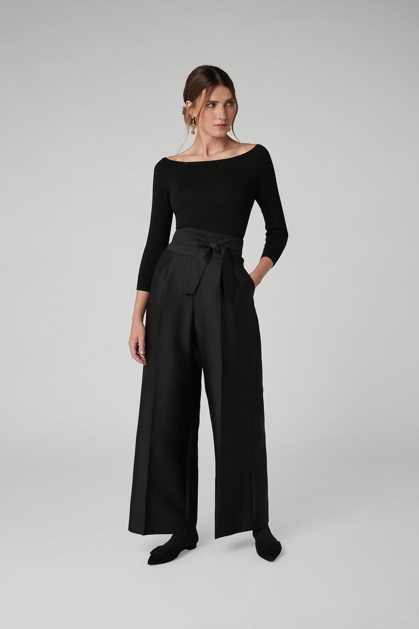 Imogen Wool Silk Wide Leg Trousers in Black
