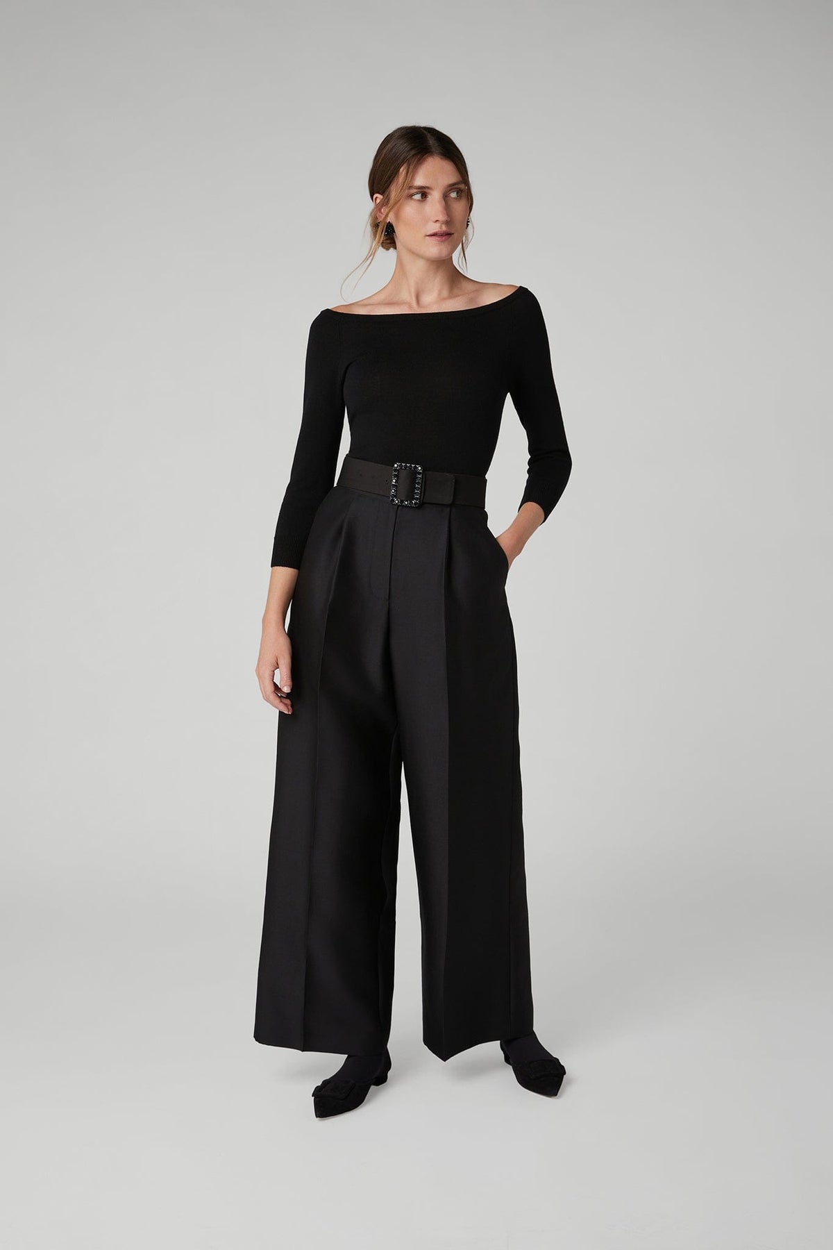 Imogen Wool Silk Wide Leg Trousers in Black