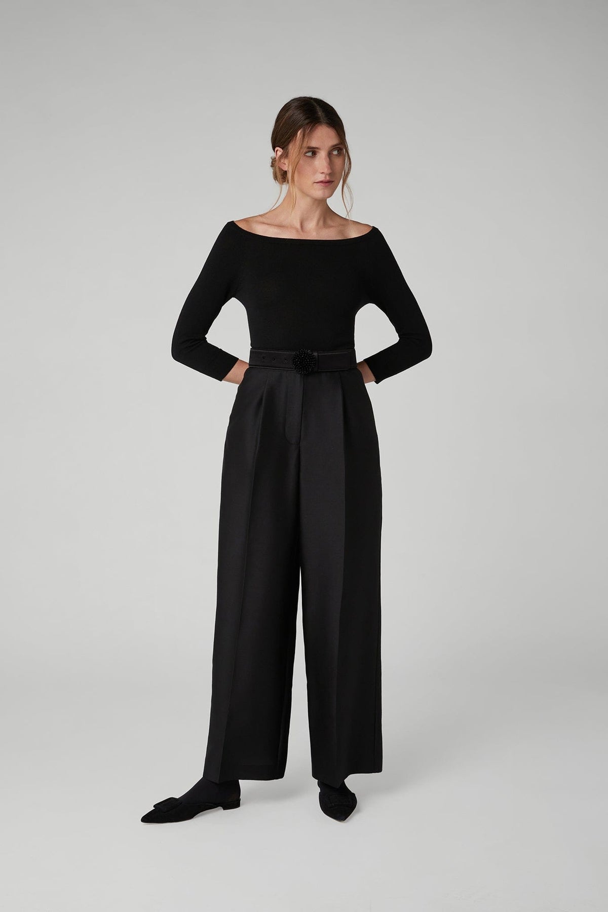 Imogen Wool Silk Wide Leg Trousers in Black