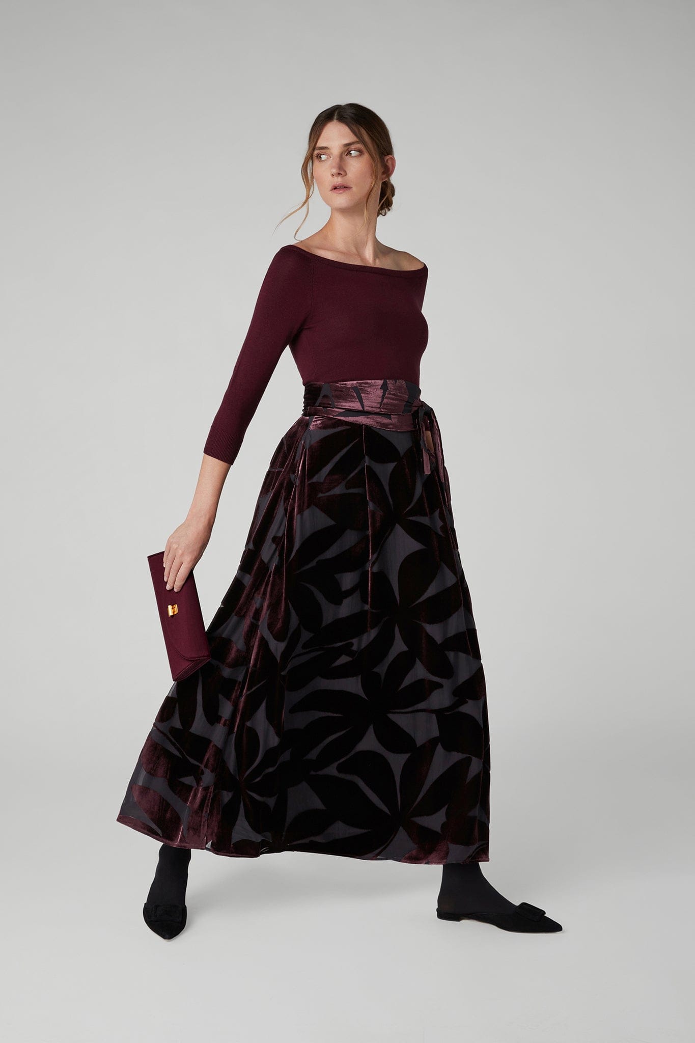 Idalia Velvet Burn Out Maxi Skirt in Berry Floral