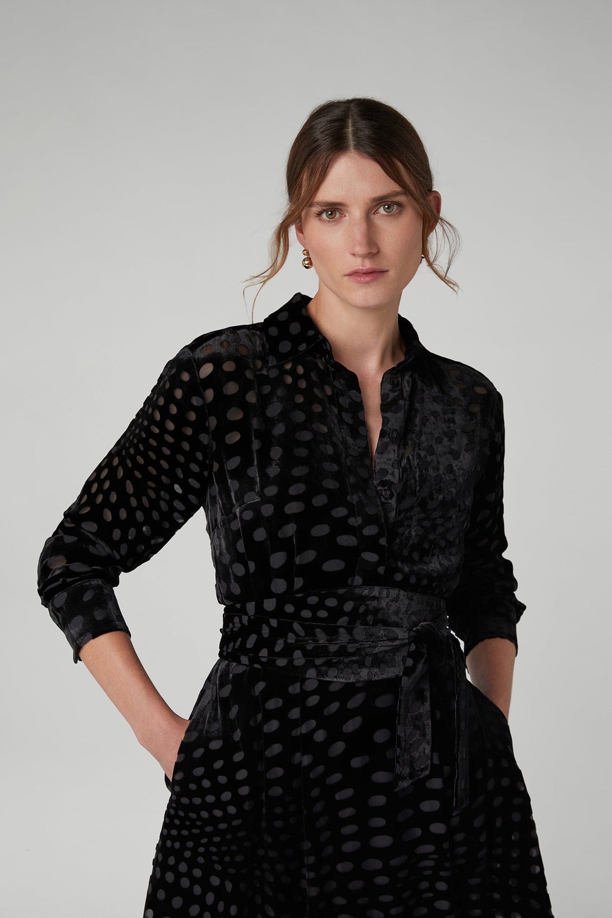 Isabel Velvet Devoré Shirt Dress in Black