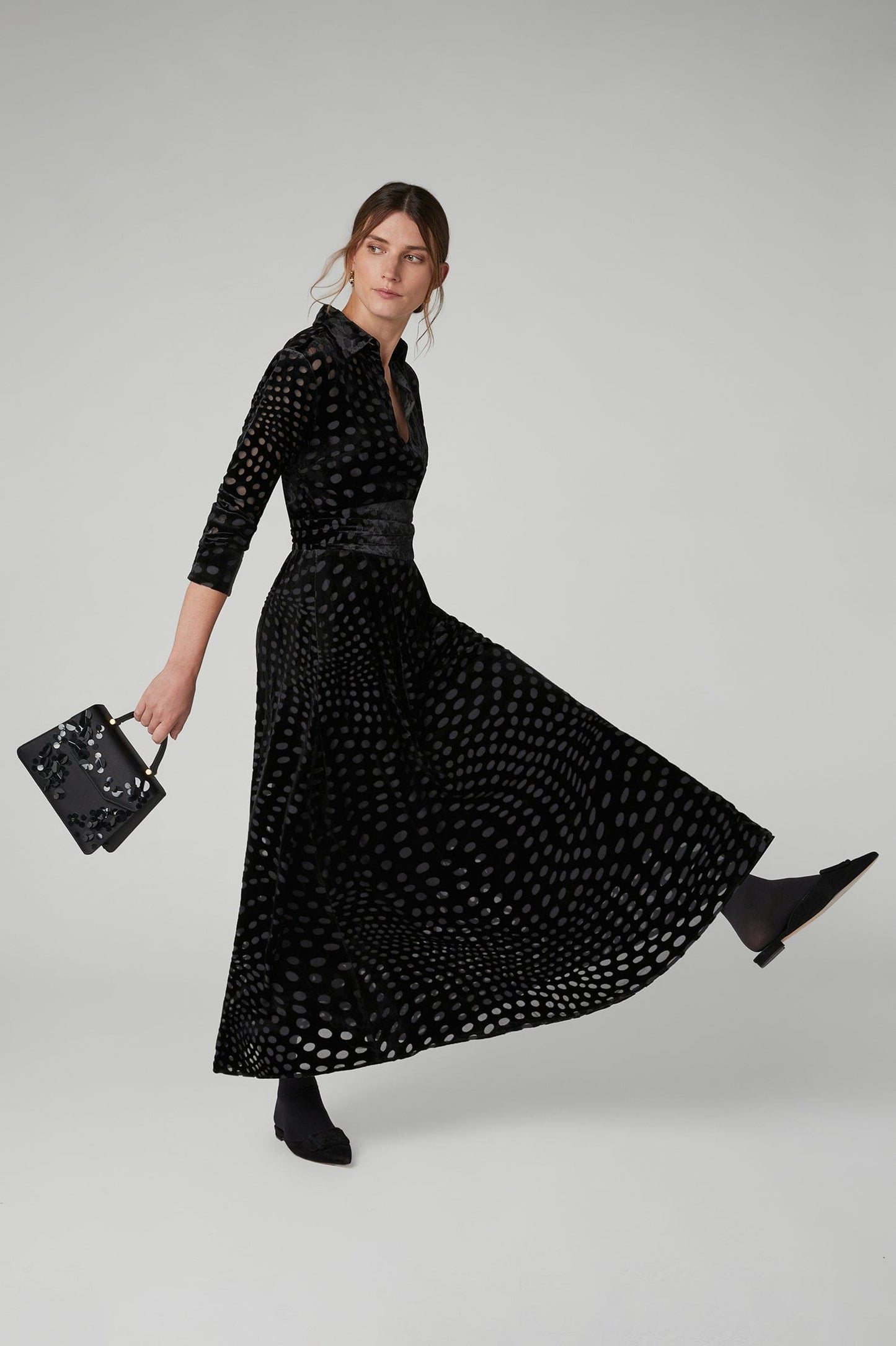 Isabel Velvet Devoré Shirt Dress in Black