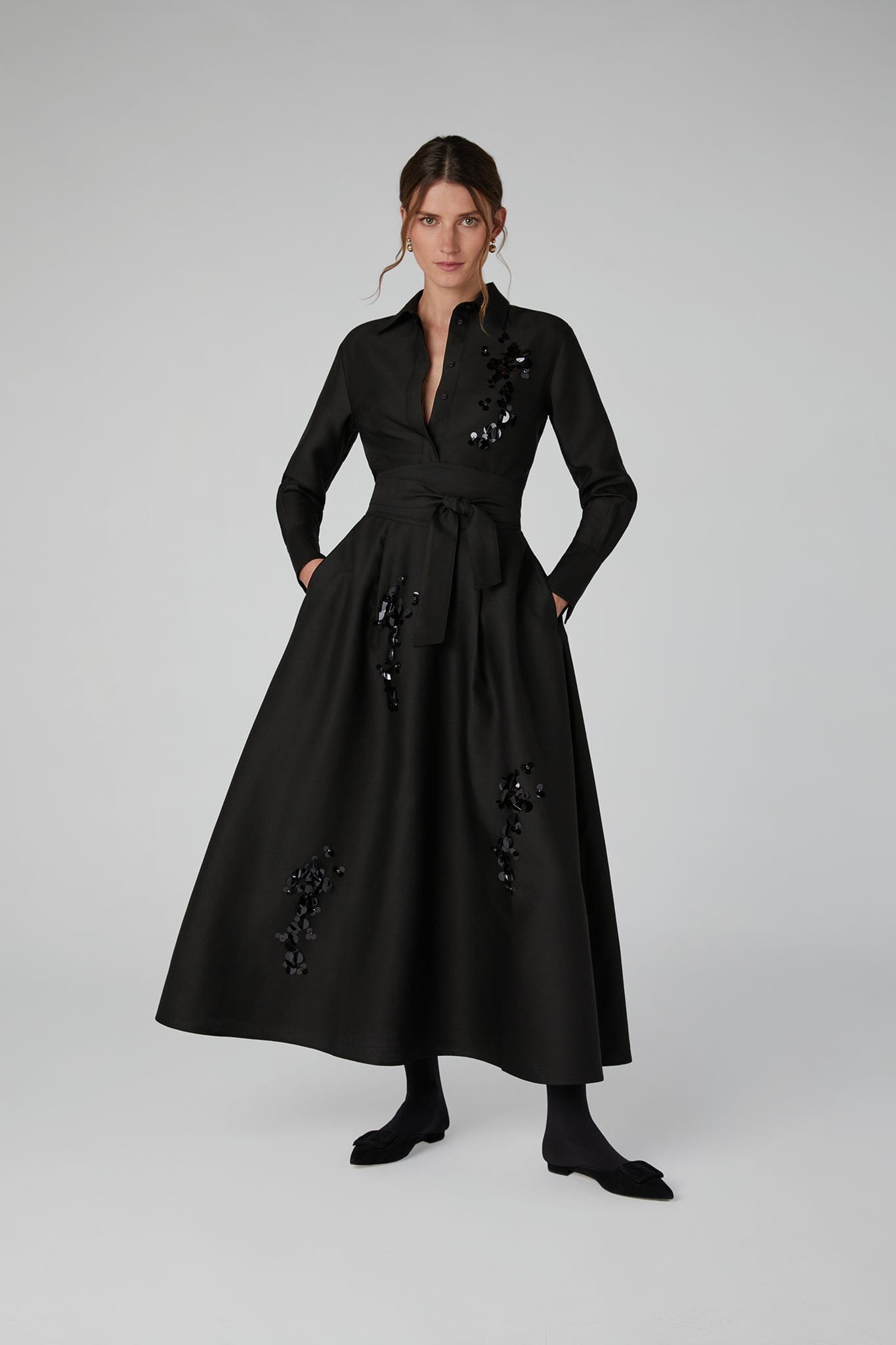 Imelda Wool Silk Sequin Fitted Shirt in Black