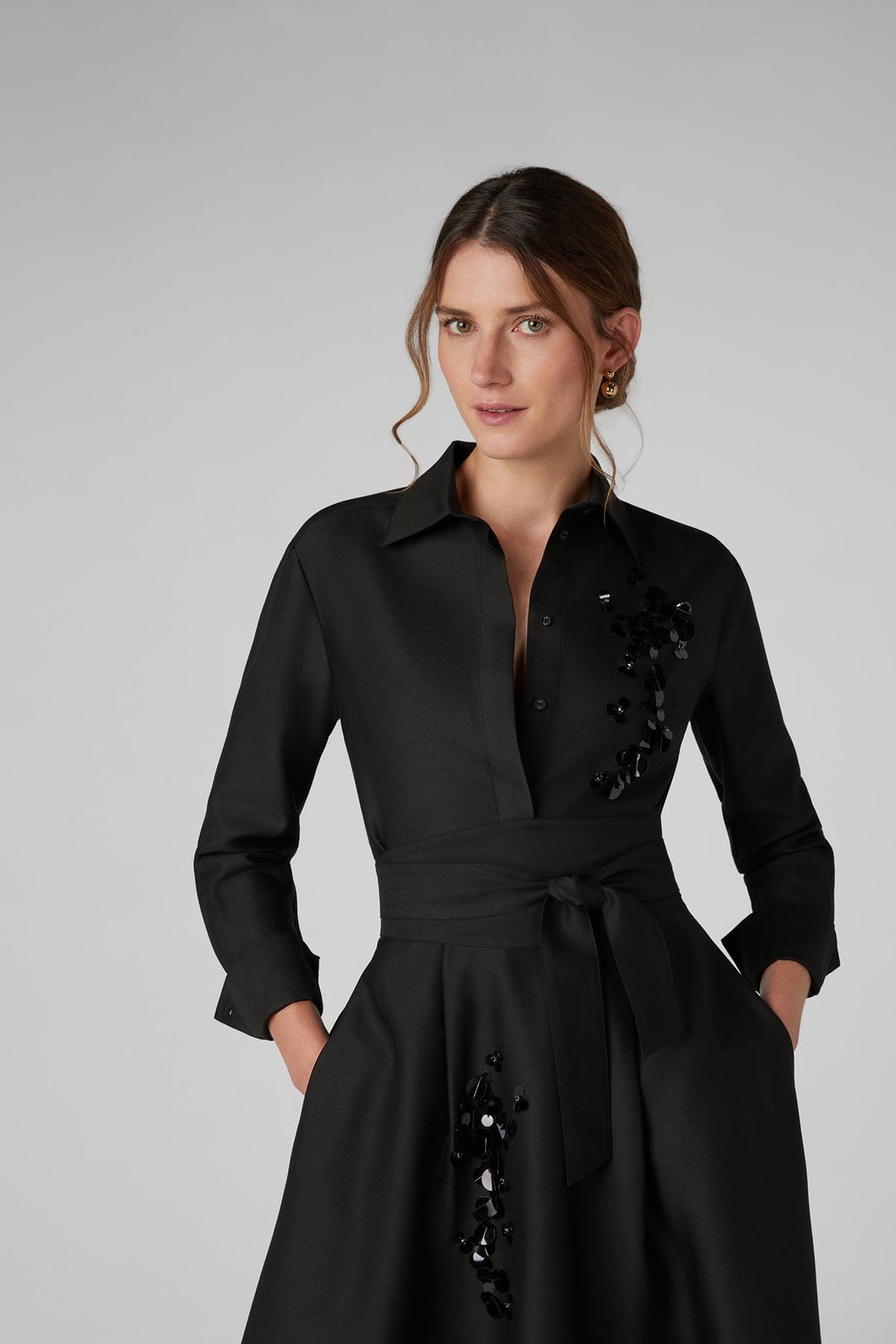 Imelda Wool Silk Sequin Fitted Shirt in Black
