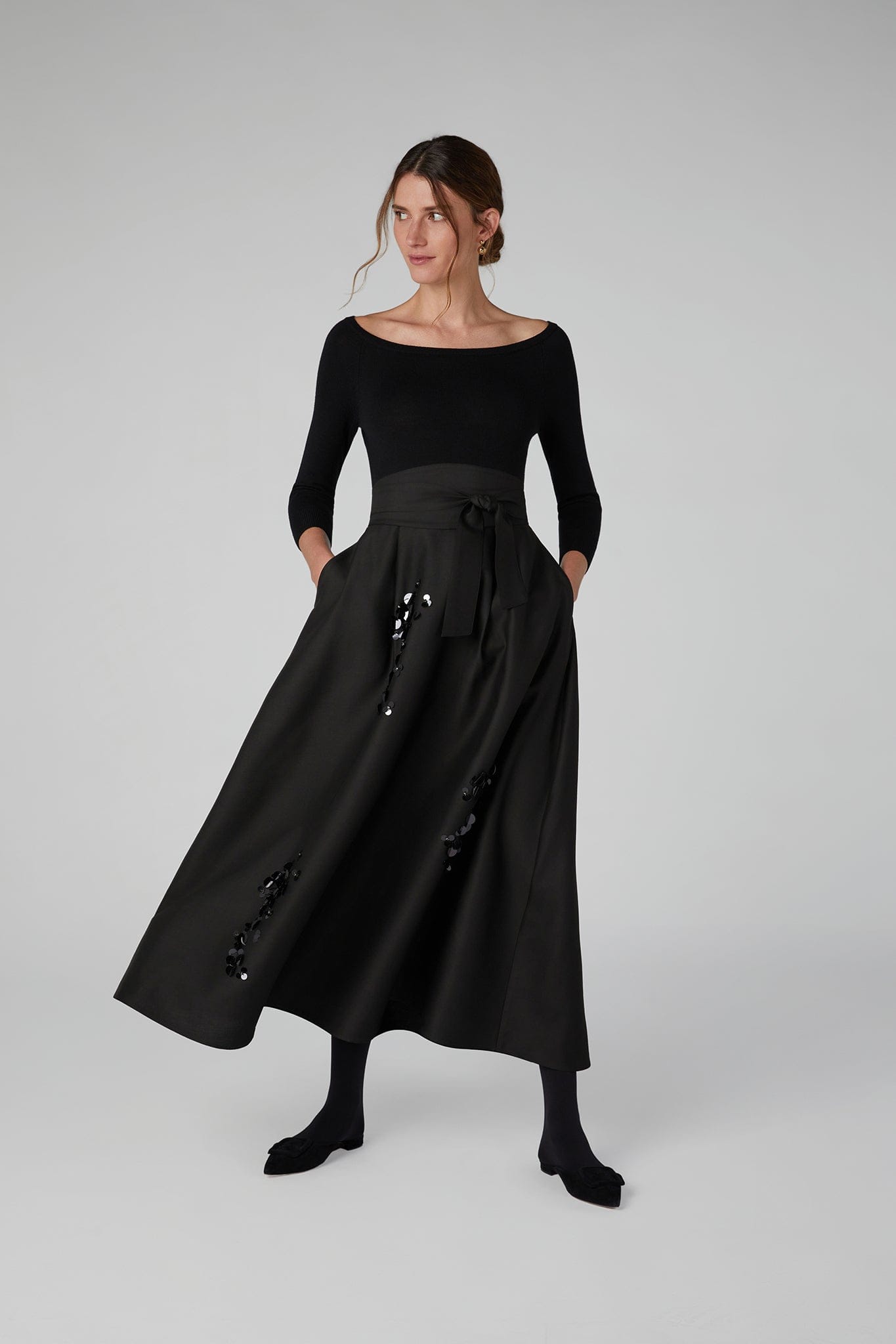 Imelda Wool Silk Sequin Skirt in Black