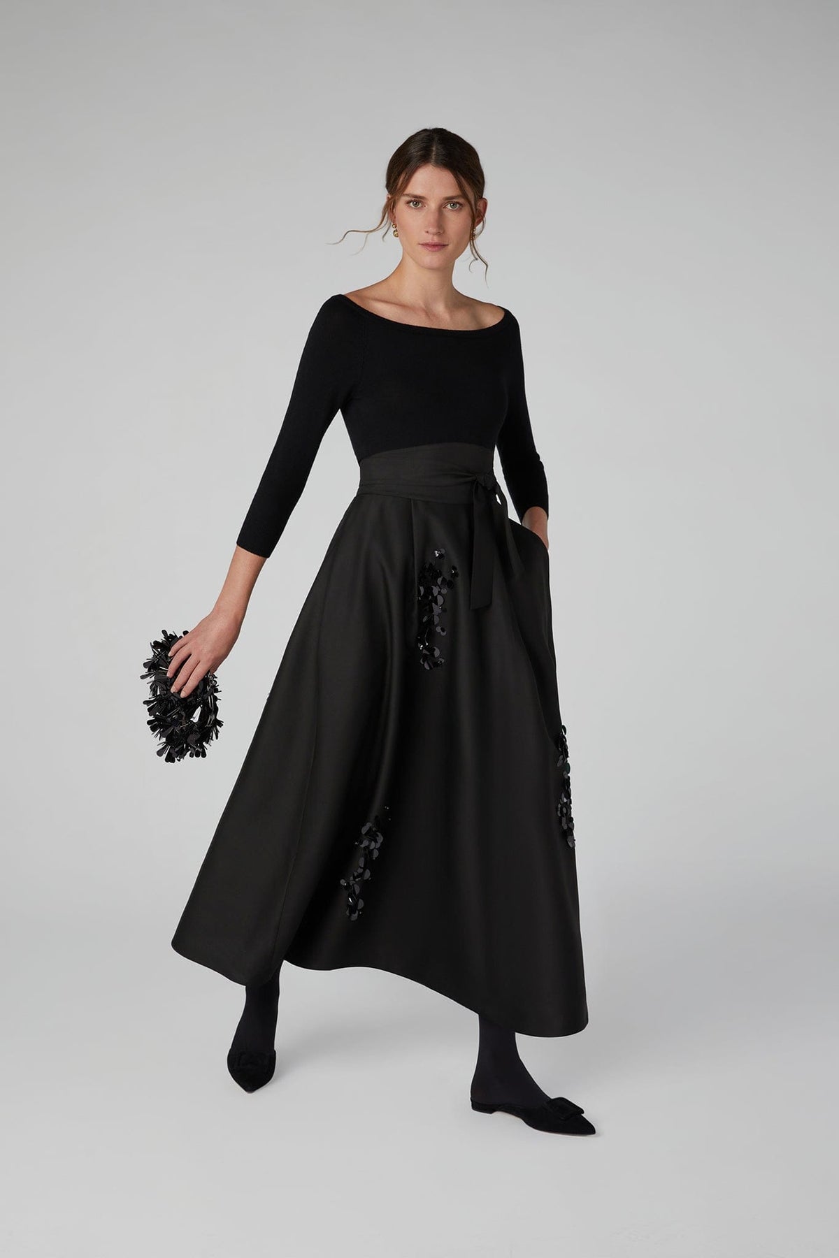 Imelda Wool Silk Sequin Skirt in Black