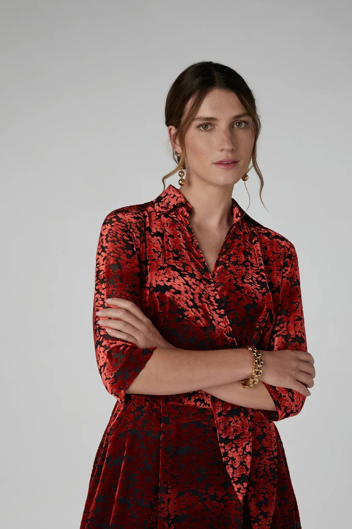 Iris Velvet Devoré Wrap Dress in Red