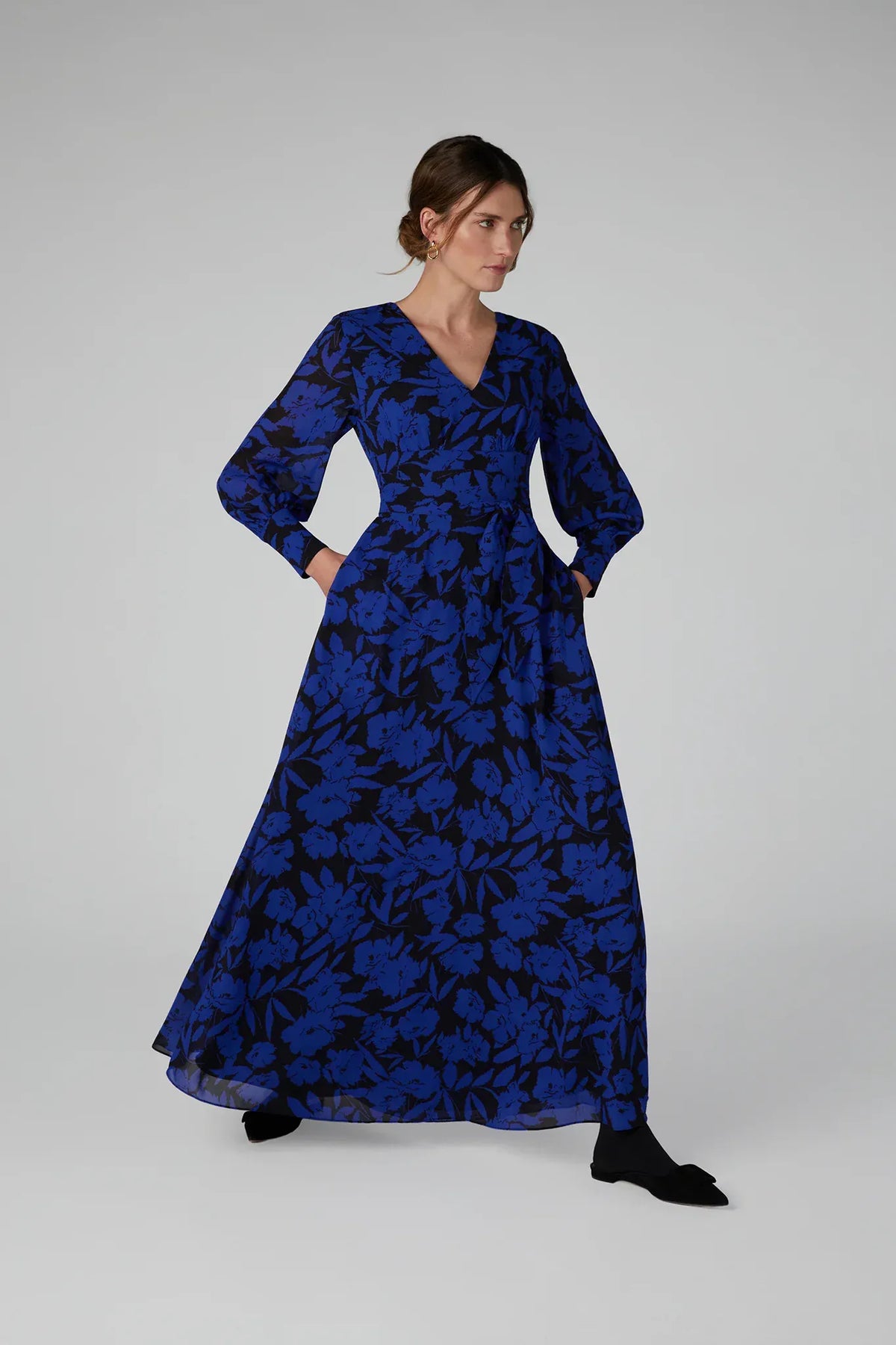 Ira Printed Georgette Maxi V Neck Dress in Blue