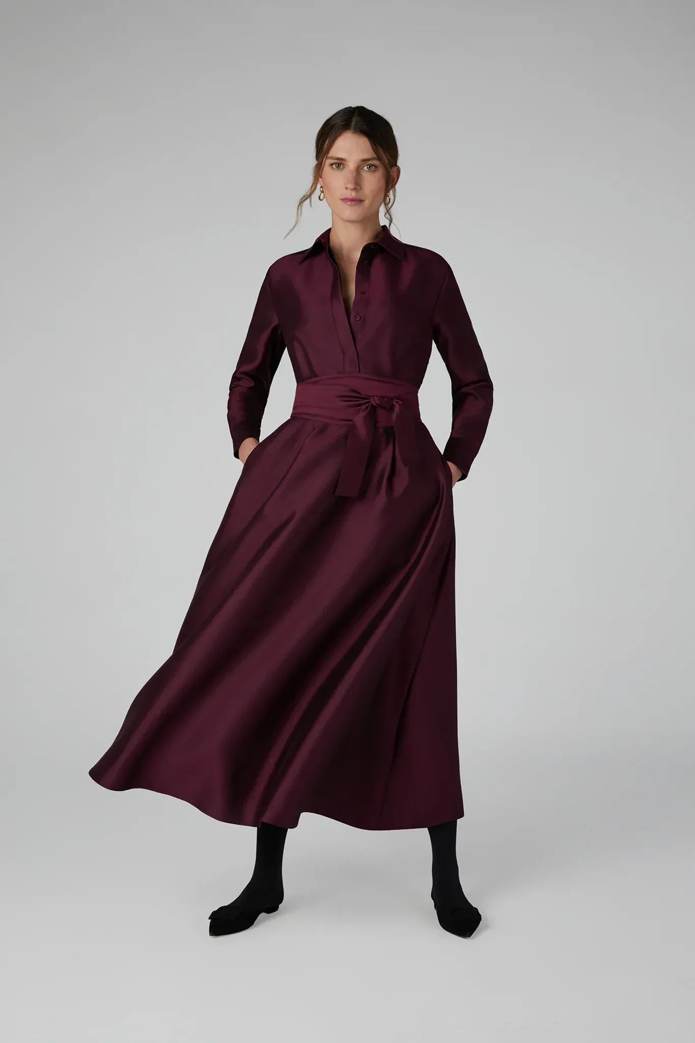 Isla Wool Silk Shirt Dress in Berry