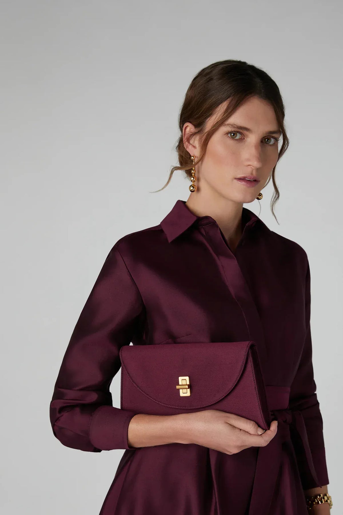 Isla Wool Silk Shirt Dress in Berry