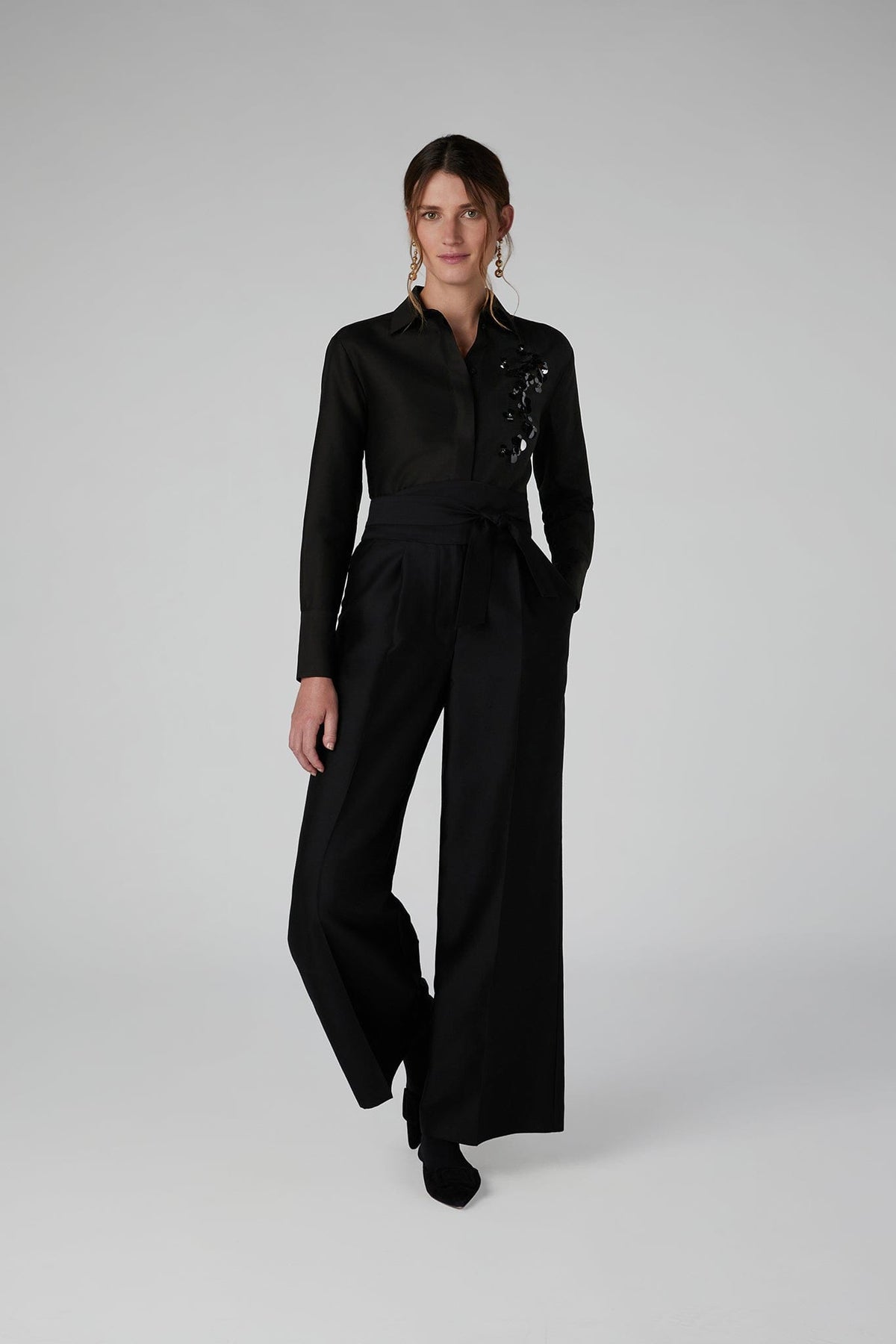 Imelda Wool Silk Sequin Fitted Shirt in Black