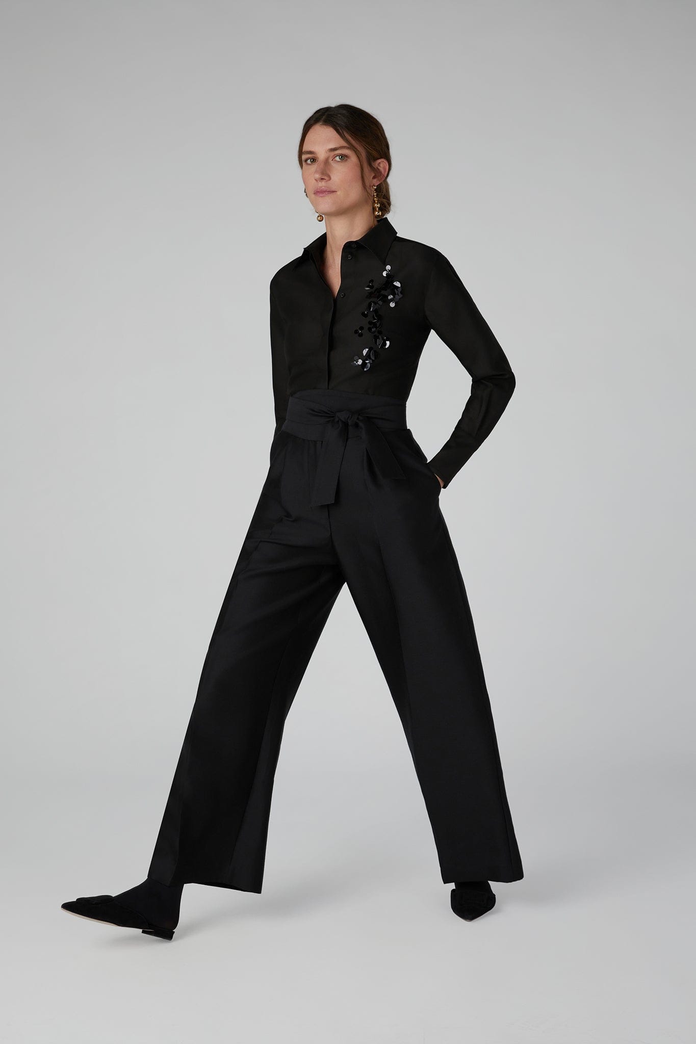 Imelda Wool Silk Sequin Fitted Shirt in Black