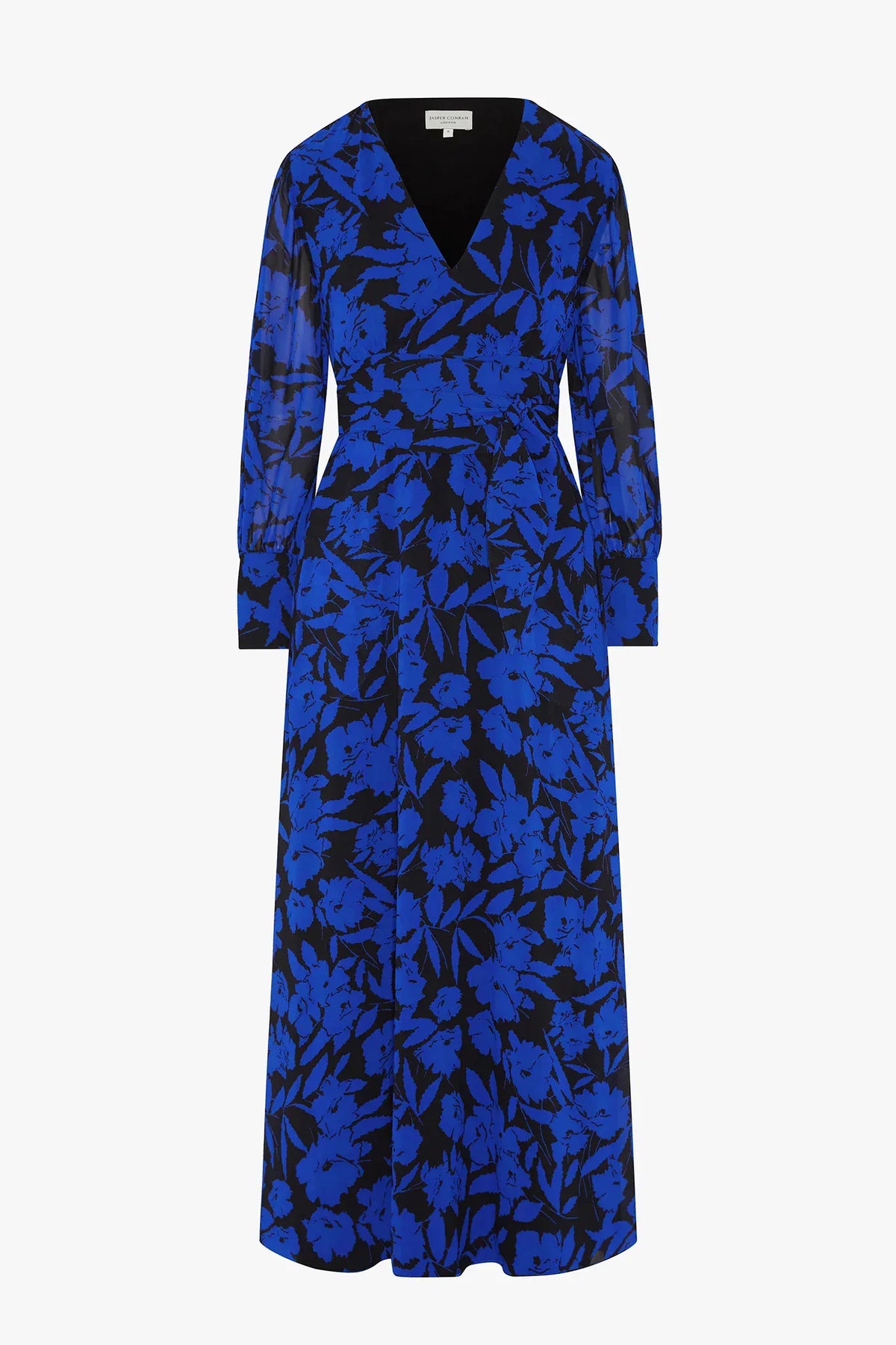 Ira Printed Georgette Maxi V Neck Dress in Blue