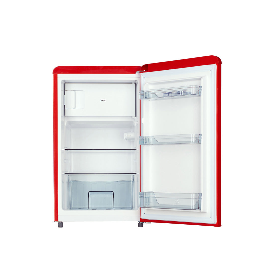 ثلاجة هوفر ١٢٣ لترًا بتصميم ريترو، باب واحد، مدمجة، قائمة بذاتها، مع فريزر، أرفف من الزجاج المقسّى، ترموستات قابلة للتعديل، صديقة للبيئة، ضمان لمدة عام، لون أحمر - HSD-K123R