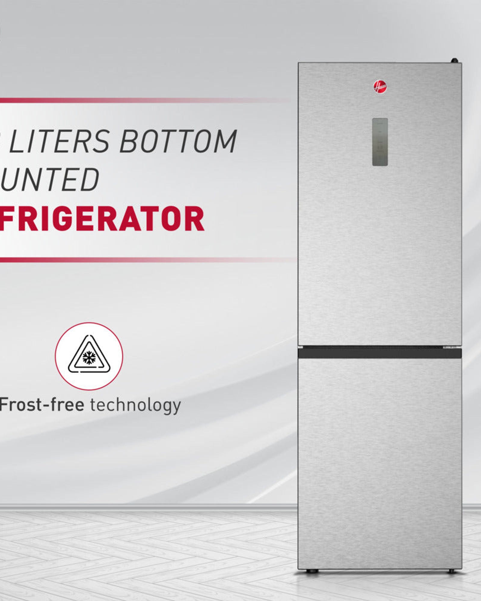 ثلاجة هوفر ٣٩٠ لترًا بقاعدة سفلية مع شاشة LED، خاصية منع التجمد، تحكم إلكتروني، منظم حرارة قابل للتعديل، ٣ أرفف زجاجية، ٢ درج للخضراوات، ٣ أرفف للفريزر، ضمان لمدة عام - ستانلس ستيل - HBR-H390-S