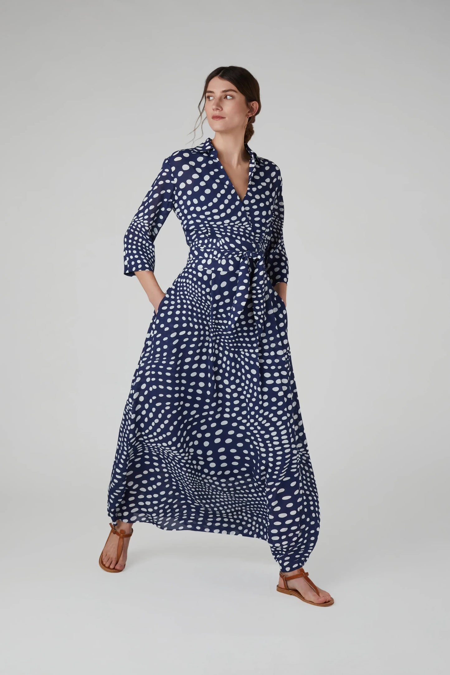 Hazel Printed Georgette Maxi Wrap Dress in Navy