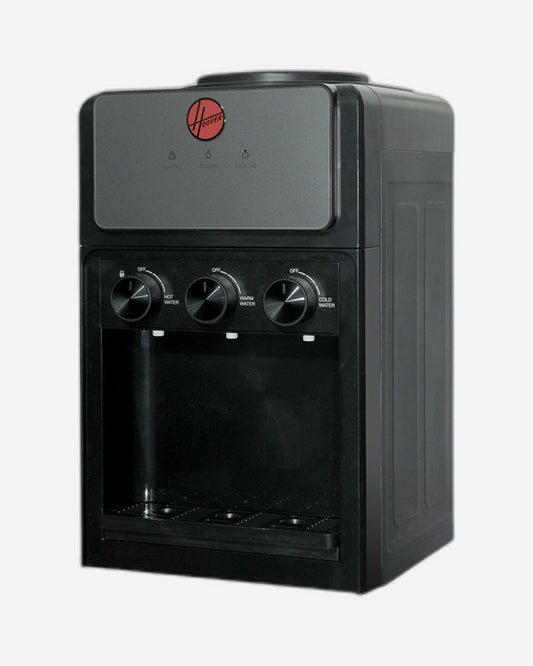 موزع مياه هوفر للطاولة، ٣ فوهات مياه ساخنة وباردة ومحيطة، قفل أمان للأطفال، مقبض تحكم، خزان بارد ممتد من الفولاذ المقاوم للصدأ، ضمان لمدة عام، لون رمادي فضي - HWD-ST-02S