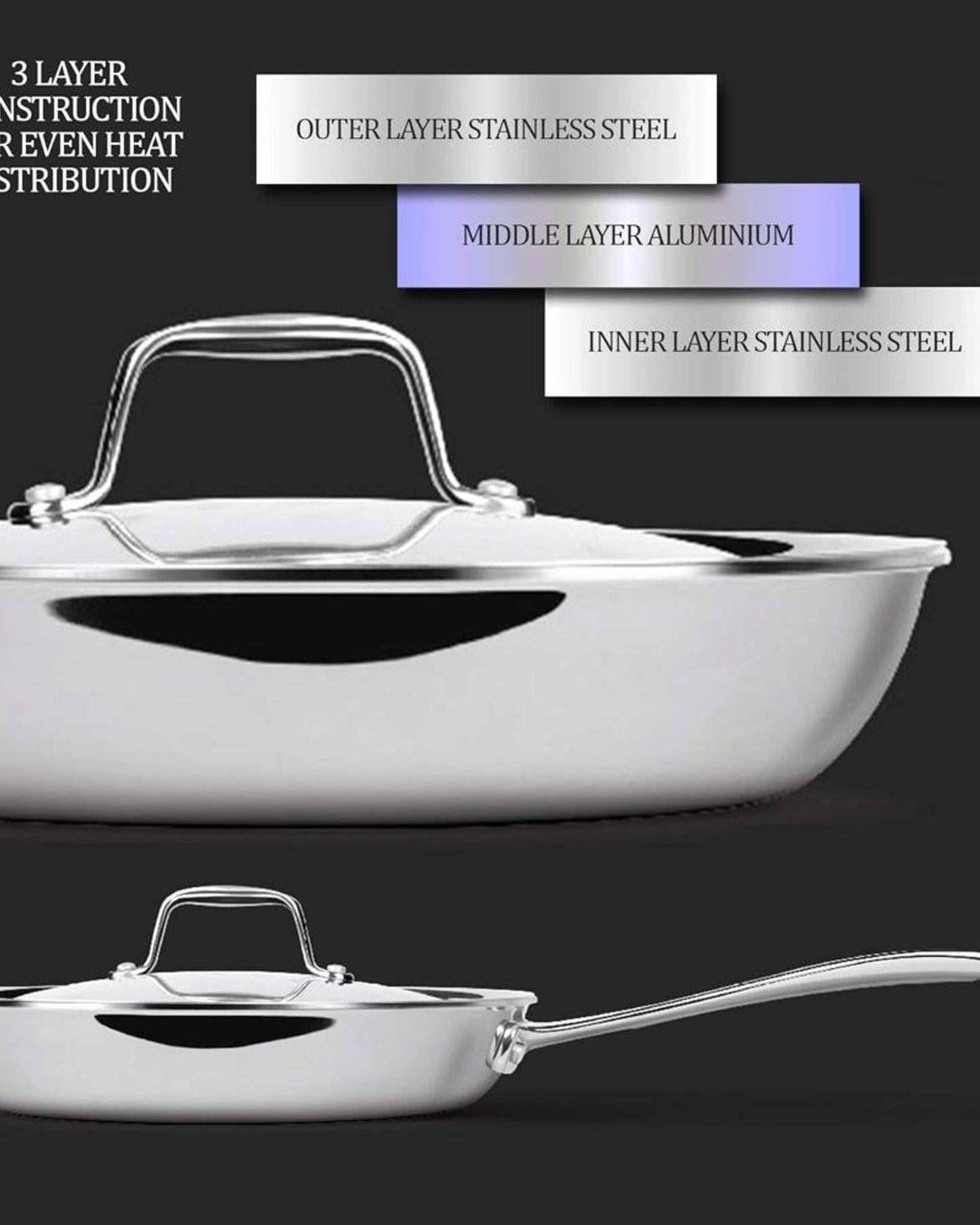 مقلاة ميلتون برو كوك 26 سم، مصنوعة من الفولاذ المقاوم للصدأ مع غطاء، سعة 2.2 لتر، مناسبة للكاري والقلي السريع والأومليت والقلي السريع، مقلاة فولاذية تعمل بالحث والغاز