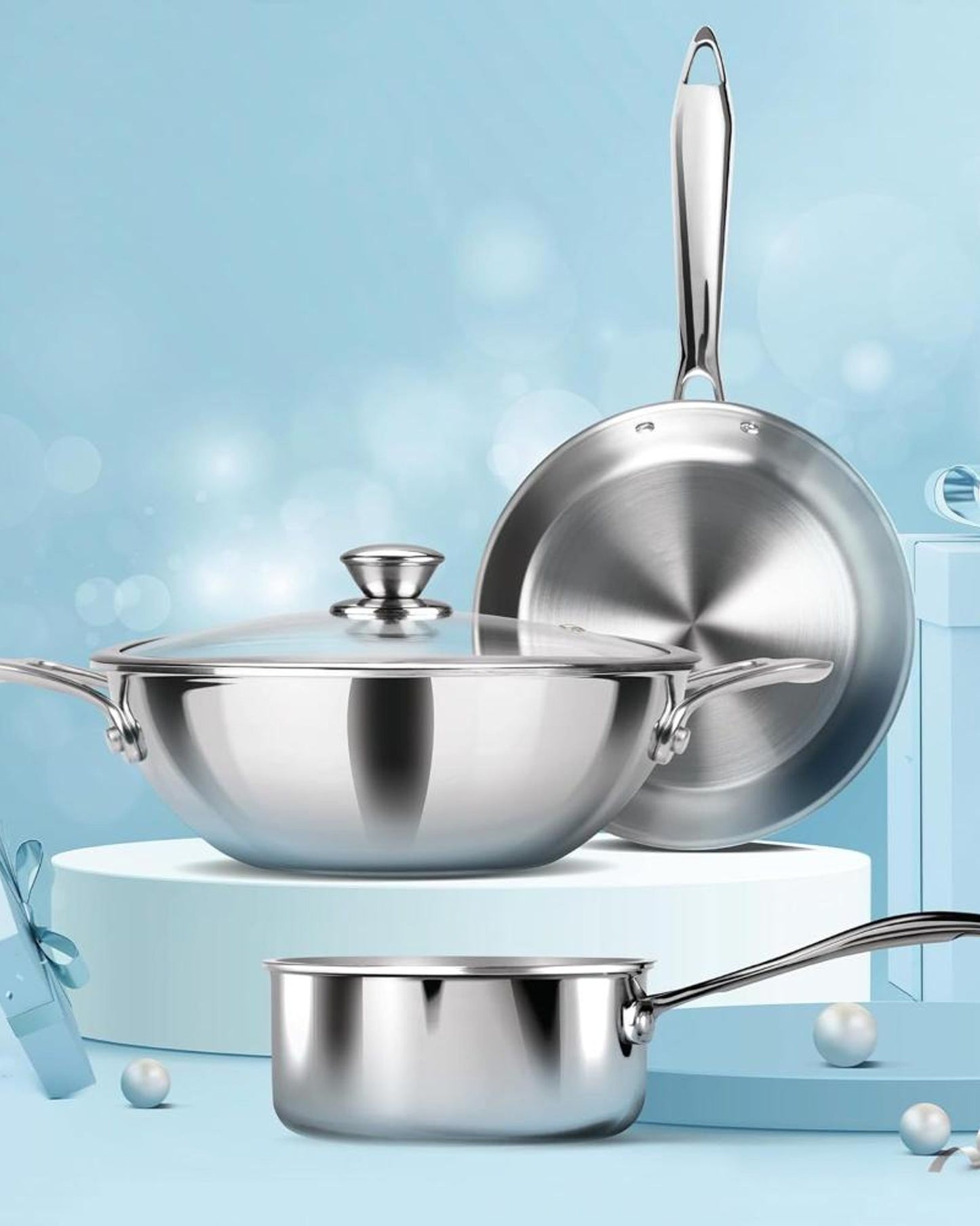 مجموعة أواني طهي ميلتون برو كوك ثلاثية القاعدة من الفولاذ المقاوم للصدأ | مقلاة صلصة 14 سم، مقلاة 24 سم، مقلاة كادهاي 24 سم مع غطاء زجاجي 24 سم، فضي