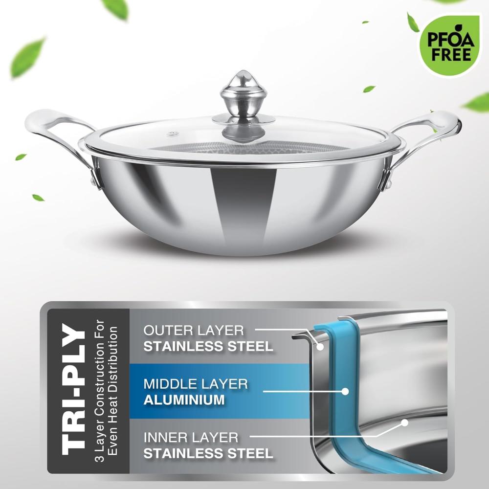 ميلتون برو كوك تريبلي هيكسا تيك إندكشن ستانلس ستيل كادهاي مع غطاء زجاجي، 26 سم، فضي، كادهاي ثلاثي الطبقات للطهي، قاعدة حثية وأواني طهي جاهزة لموقد الغاز، سهلة التنظيف