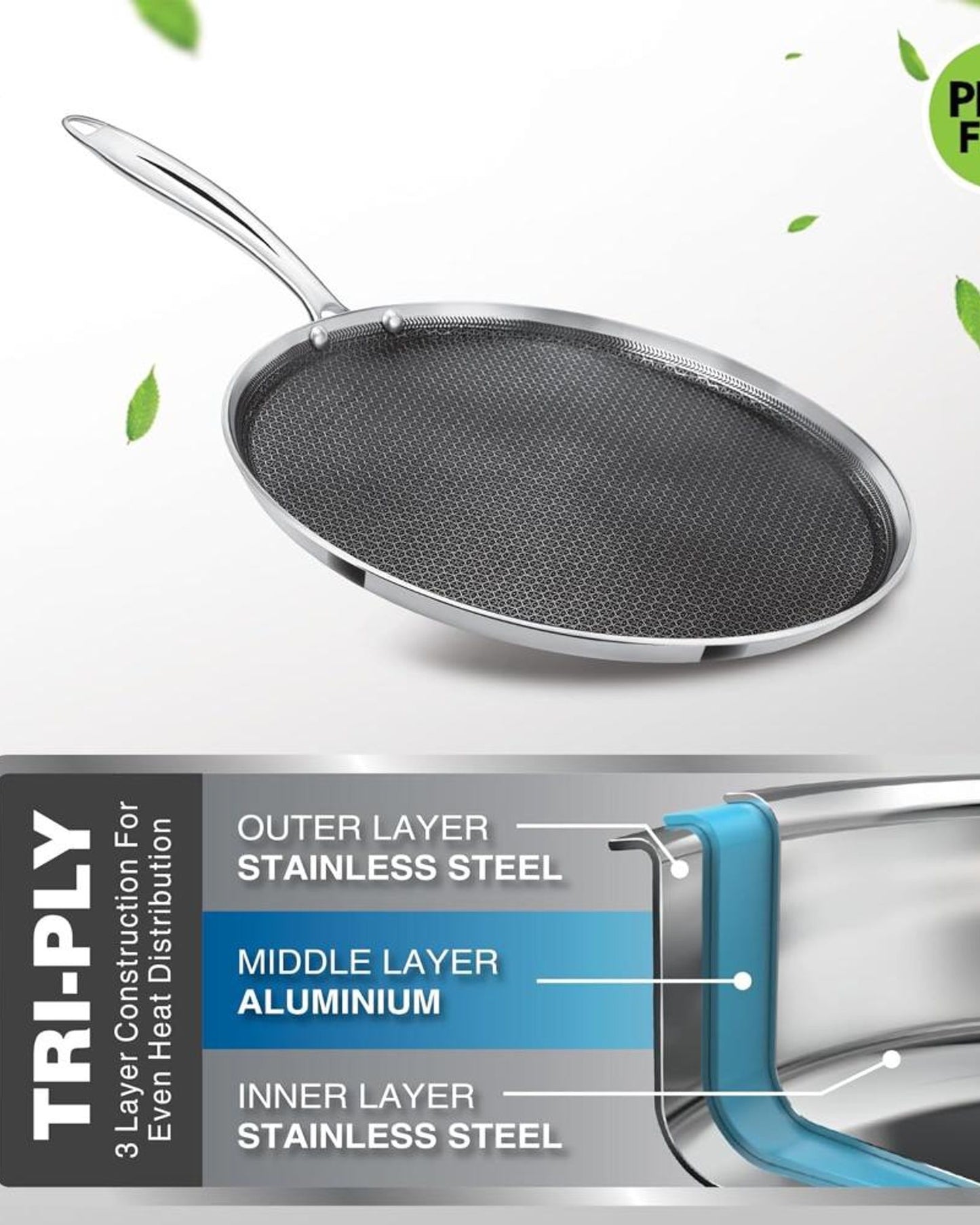 ميلتون برو كوك تريبلي هيكسا تيك إندكشن ستانلس ستيل، 32 سم، فضي، هيكل مانع للالتصاق على شكل قرص العسل، مقبض قوي، آمن للاستخدام مع الطعام، آمن على اللهب والطبق الساخن