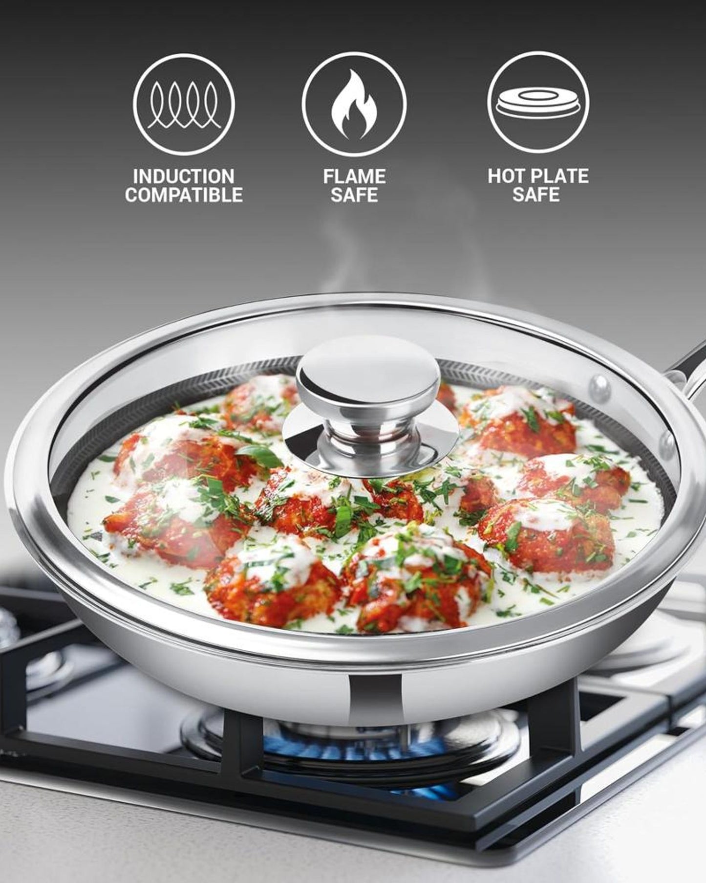 مقلاة ميلتون برو كوك تريبلي هيكسا تيك إندكشن من الفولاذ المقاوم للصدأ مع غطاء زجاجي، 26 سم فضي، هيكل غير لاصق على شكل قرص العسل، مقلاة للكاري، أواني الأومليت، مناسبة للحث والغاز