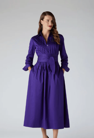 Emily Pintuck Full Skirt Shirt Dress in Purple