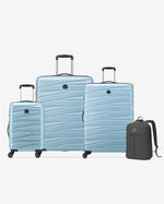 مجموعة حقائب ديلسي باريس تيفاني الصلبة بأربع عجلات مزدوجة قابلة للتوسيع، مقاس 55+70+82 سم، لون أزرق + حقيبة ظهر مجانية