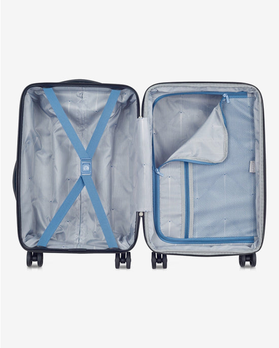 مجموعة حقائب ديلسي باريس تيفاني الصلبة بأربع عجلات مزدوجة قابلة للتوسيع، مقاس 55+70+82 سم، لون أزرق + حقيبة ظهر مجانية