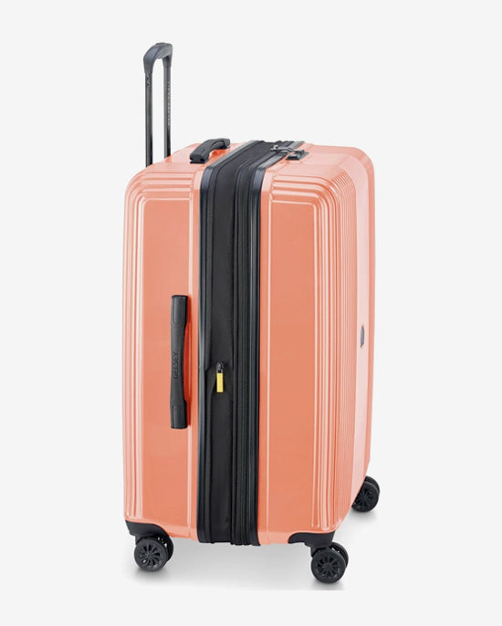 مجموعة حقائب ديلسي باريس أوفيلي الصلبة، مقاس 55+70+82 سم، مزودة بأربع عجلات مزدوجة قابلة للتوسيع، مناسبة لكابينة السفر وتسجيل الوصول، باللون الوردي اللامع، مع حقيبة ظهر مجانية