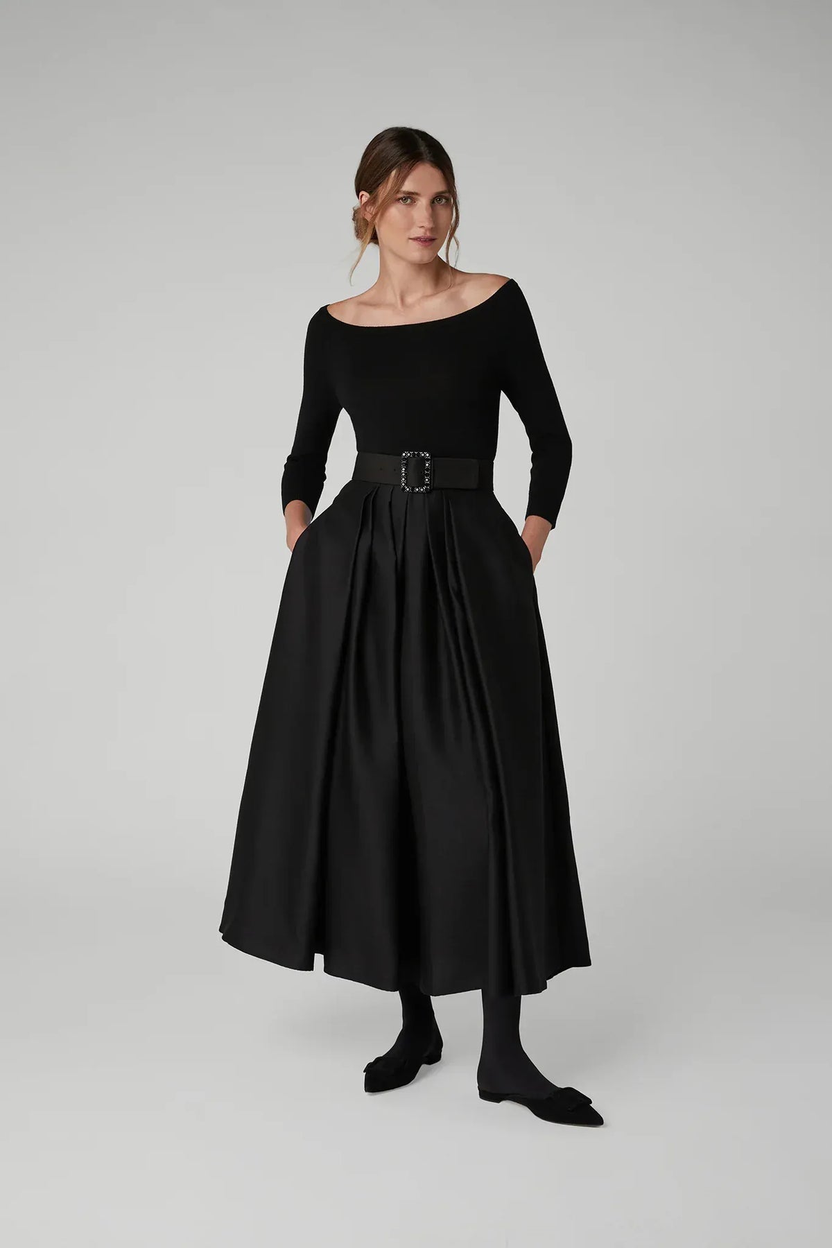 Iona Slash Neck Merino Knitted Top in Black