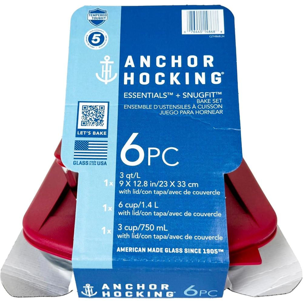 مجموعة أنكور هوكينج الأساسية، 6 قطع - أوعية مخبوزات سعة 3 أرباع مع غطاء، و1.4 لتر و0.75 لتر مع غطاء (14868L24)