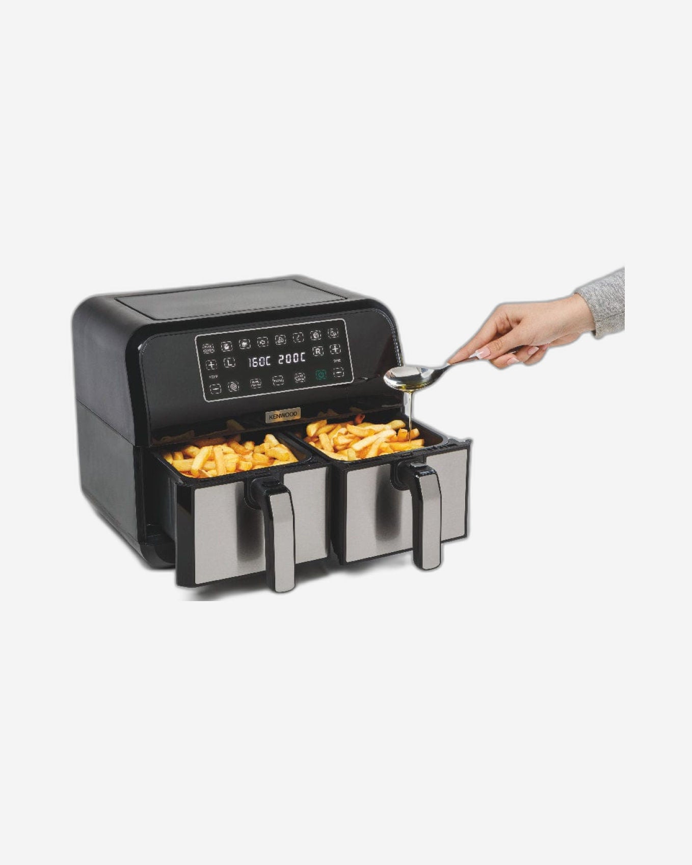 مقلاة كينوود الهوائية الرقمية المزدوجة سعة 1.7 كجم + 1.7 كجم، سعة 4 لتر + 4 لتر، مع تقنية DualZone وسلال قلي مزدوجة للقلي والشواء والشواء والتحميص والخبز والتحميص وإعادة التسخين HFM75.000MB، لون أسود