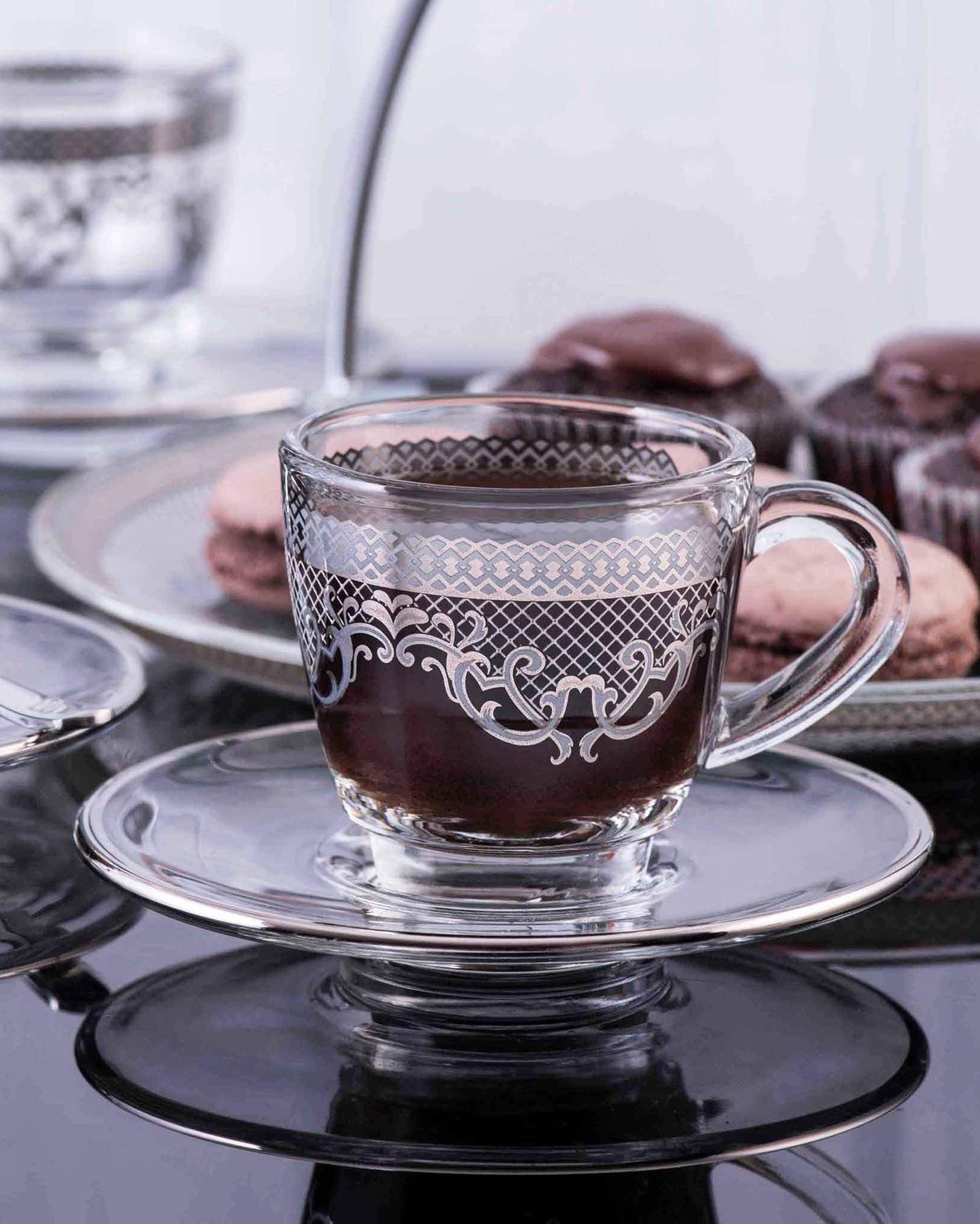 طقم فناجين وصحون قهوة ديملاج ترينا، 6 قطع، لون بلاتيني