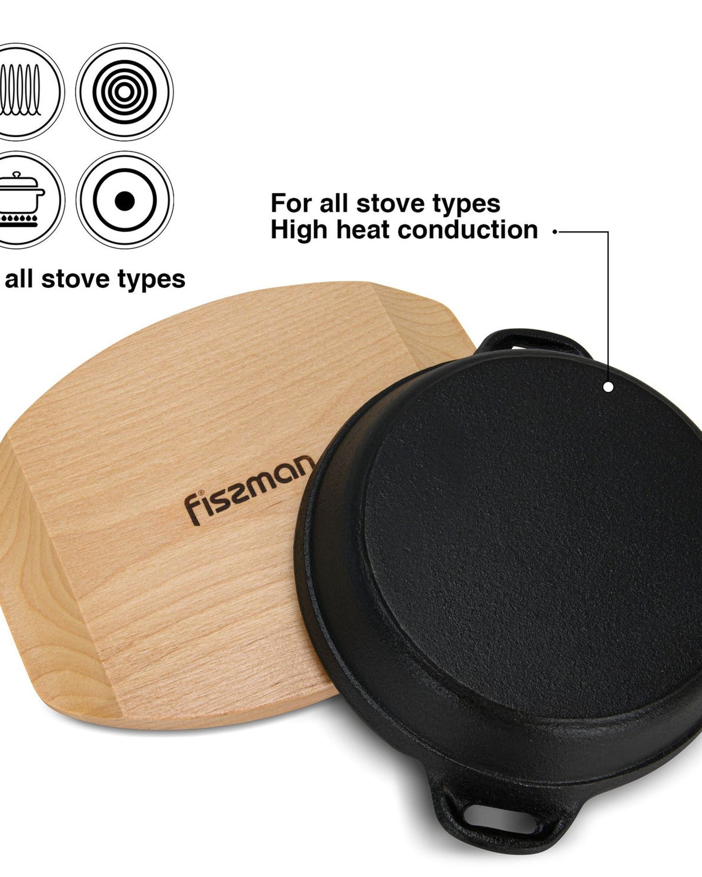 مقلاة فيسمان المصنوعة من الحديد الزهر بمقبضين جانبيين وصينية خشبية