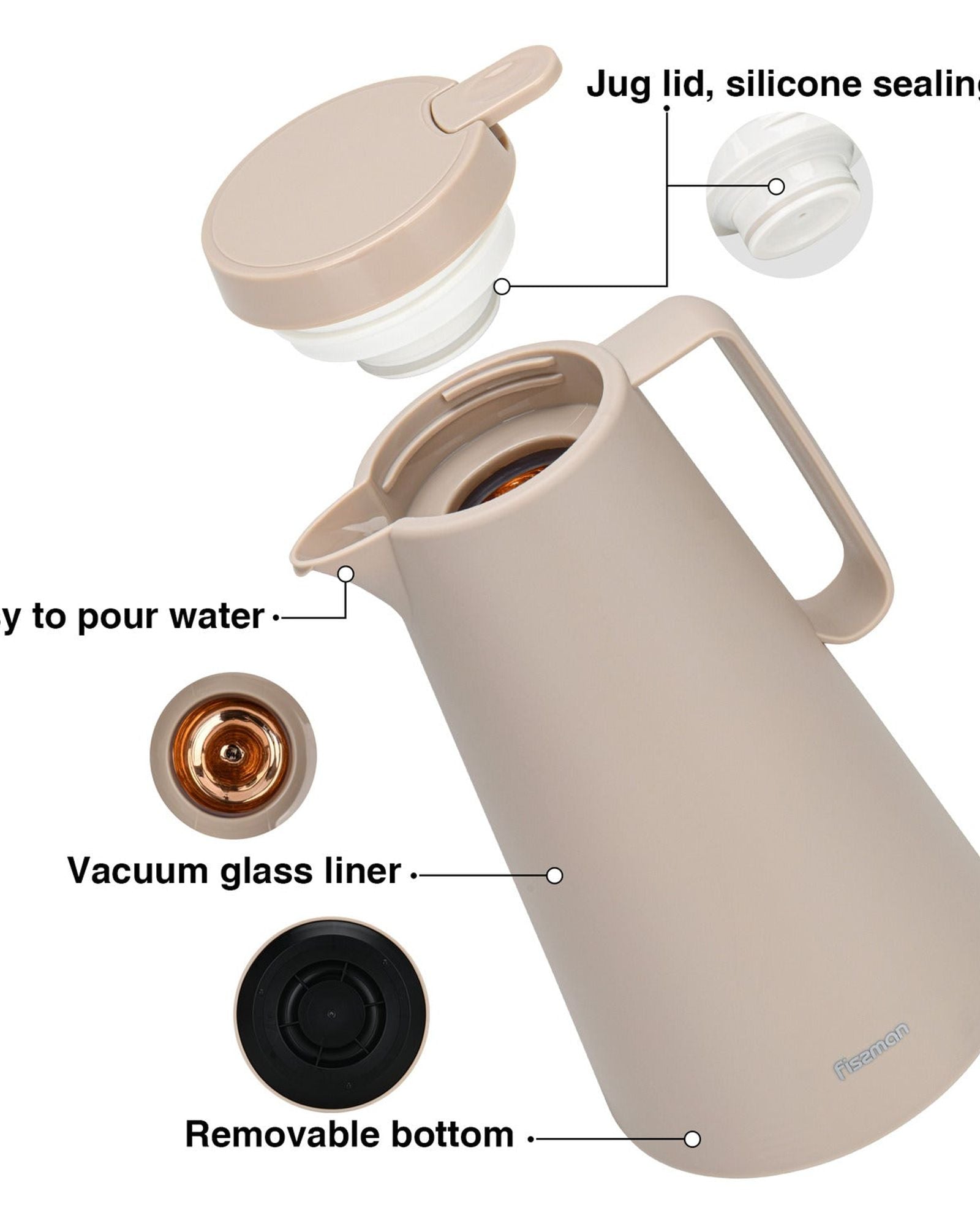 قارورة فيسمان المعزولة بالتفريغ، سعة 1000 مل، بلون كريمة الموكا، مع بطانة زجاجية وردية اللون