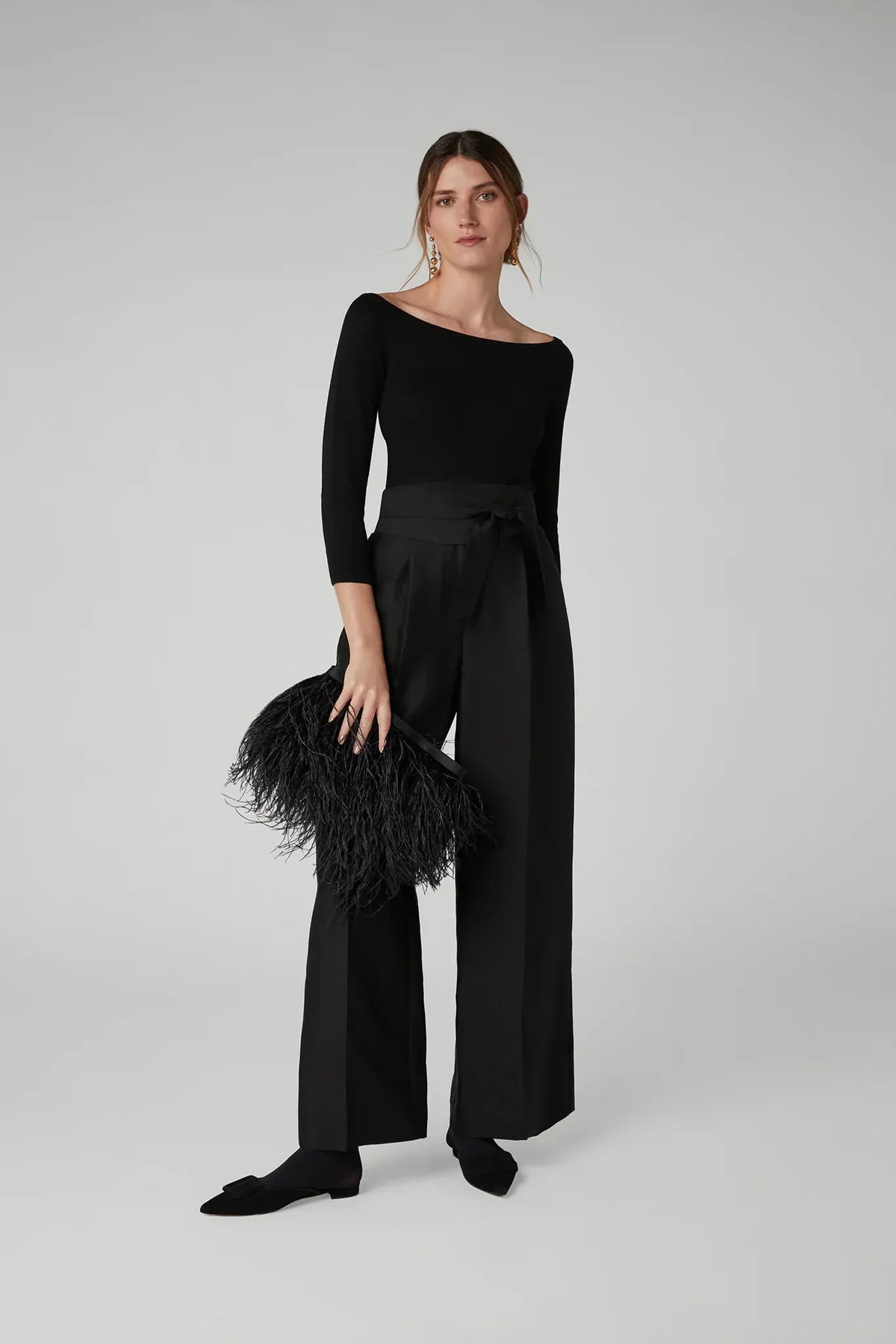 Iona Slash Neck Merino Knitted Top in Black