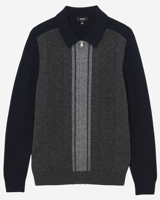 Reiss LS Wool Colour Block Zip Through Cardigan