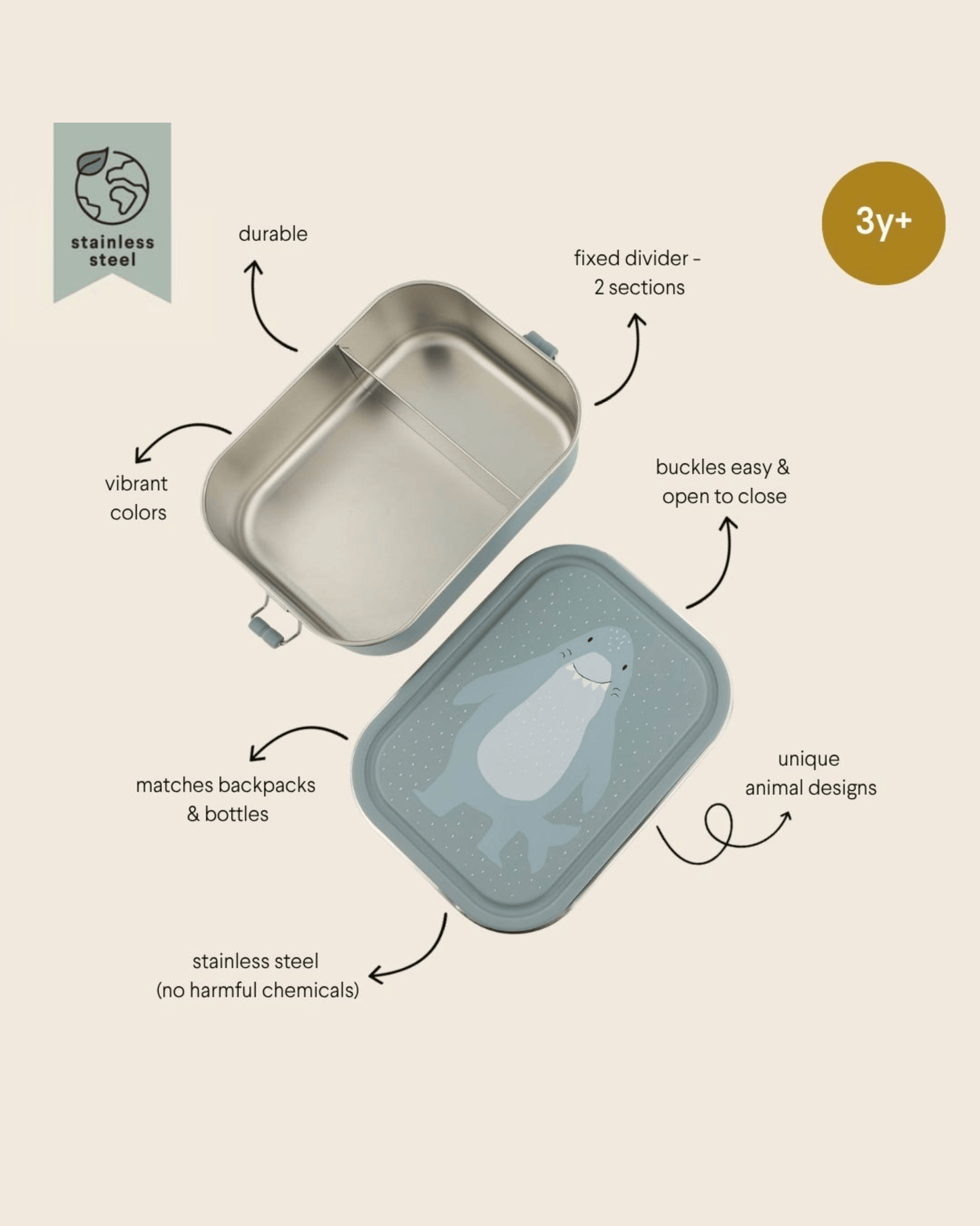 Trixie Stainless Steel Lunch Box Large - 2-Compartment - Mr. Shark