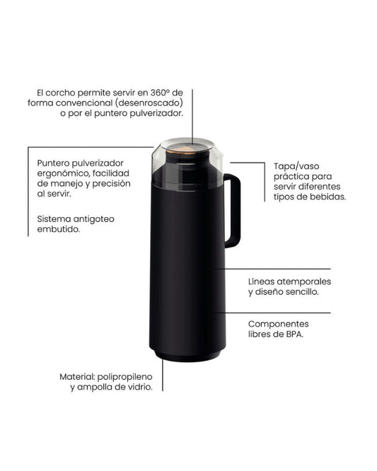 موزع مشروبات حراري بلاستيكي أسود من ترامونتينا إكساتا مع بطانة زجاجية سعة 1 لتر