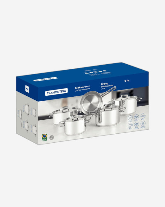 طقم أواني طهي ترامونتينا برازيل برافا من الفولاذ المقاوم للصدأ، 9 قطع، مع غطاء مسطح وقاعدة ثلاثية الطبقات