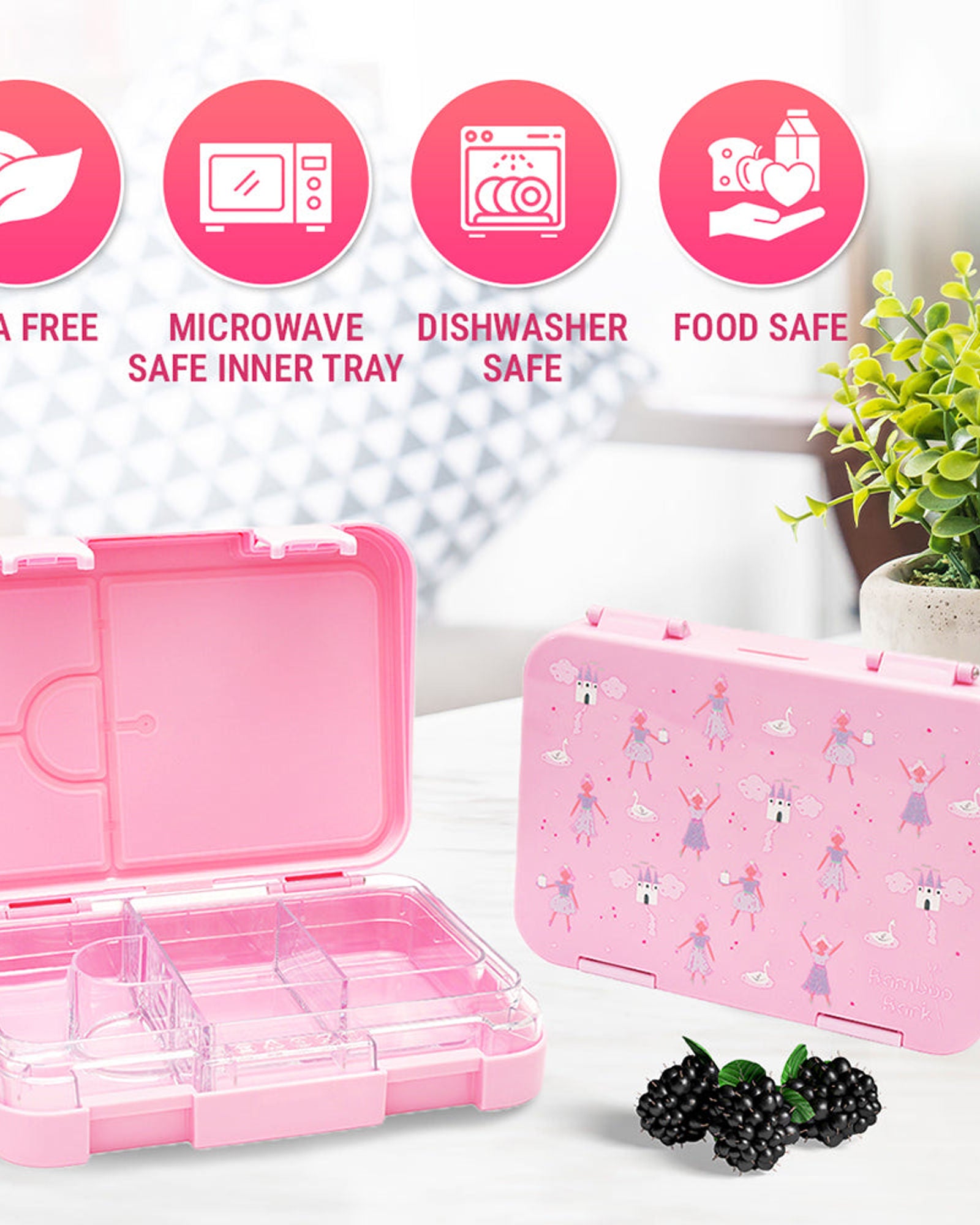 صندوق غداء من لحاء الخيزران بطبعة قلعة راقصة باليه وردية اللون