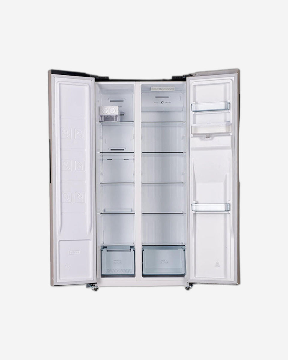 ثلاجة هوفر ببابين متجاورين، سعة ٥٣٢ لترًا، عاكس، بدون تجميد، موزع مياه، تدفق هواء متعدد، إضاءة LED، حواف فضية فاخرة، شاشة تحكم باللمس، ستانلس ستيل/أسود، جهاز صنع الثلج - HSB-K532-WS