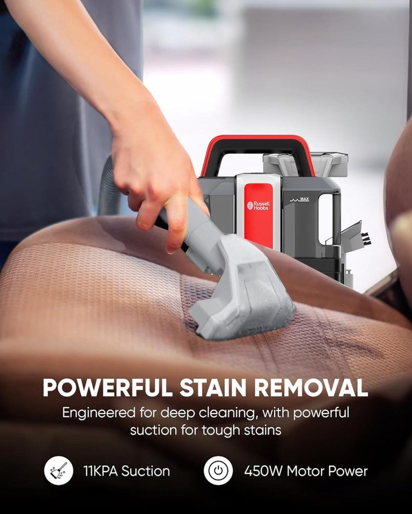 مكنسة كهربائية سبوت أواي W05 من راسل هوبز مزودة بفوهة تنظيف ذاتية، وإزالة البقع الرطبة والجافة، وخزان مياه سعة 800 مل وماء نظيف سعة 1080 مل مع أداة تنجيد بفرشاة ناعمة