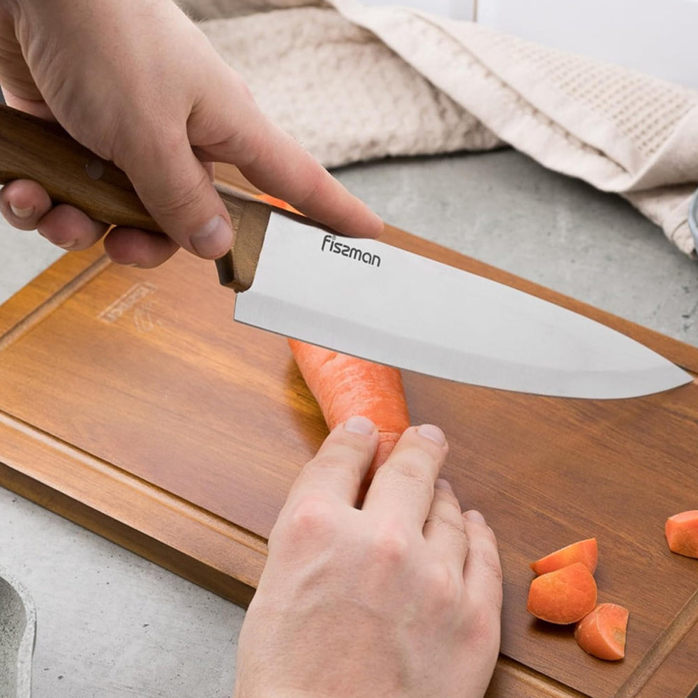 مجموعة أدوات الشواء من فيسمان، 3 قطع، لوح تقطيع من خشب الأكاسيا من الفولاذ المقاوم للصدأ، سكين طاهٍ 8 بوصات، شوكة لتقطيع اللحوم